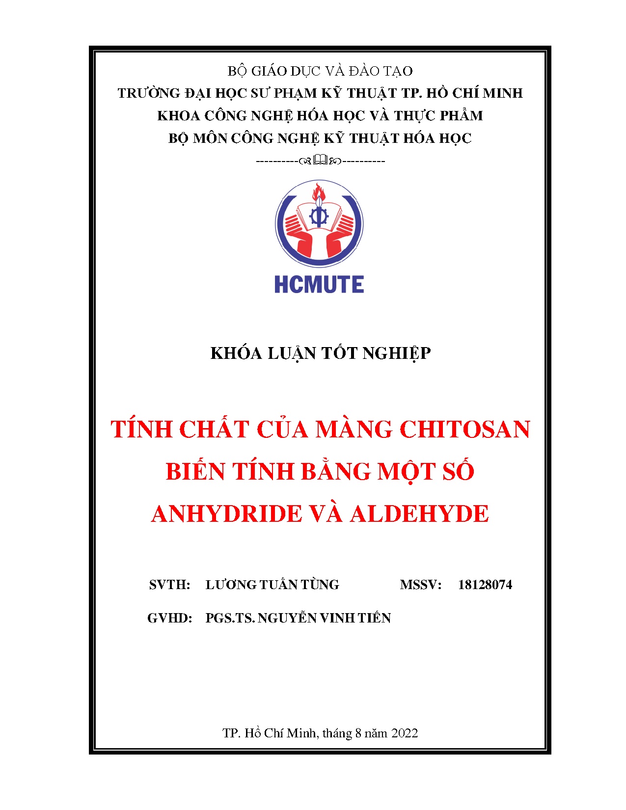 Đồ án tốt nghiệp - Tính chất của màng Chitosan biến tính bằng một số Anhydride và Aldehyde