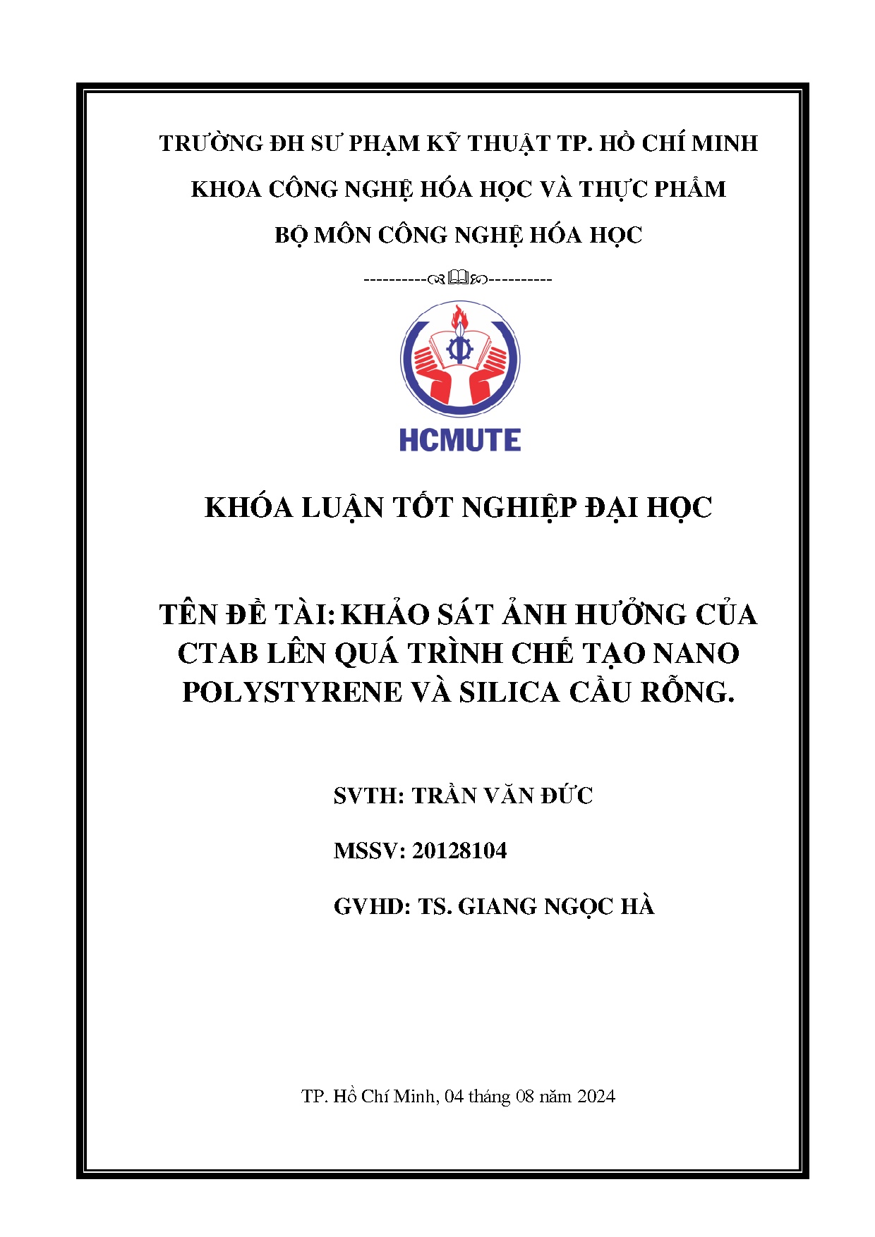 Đồ án tốt nghiệp - Khảo sát ảnh hưởng của ctab lên quá trình chế tạo nano polystyrene và silica CR