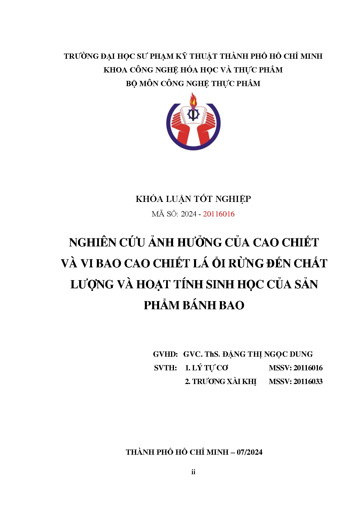 Đồ án tốt nghiệp - Nghiên cứu ảnh hưởng của cao chiết và vi bao cao chiết lá ổi rừng ĐCLVHTSHCSPBB