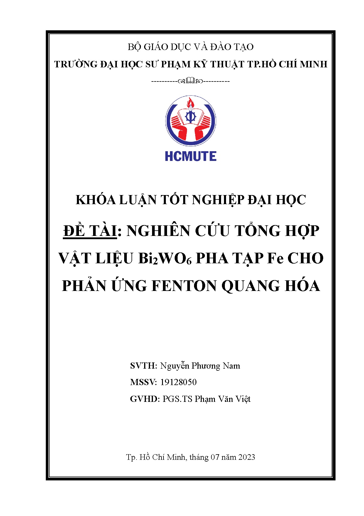 Đồ án tốt nghiệp - Nghiên cứu tổng hợp vật liệu Bi2Wo6 pha tạp Fe cho phản ứng Fenton quang hóa