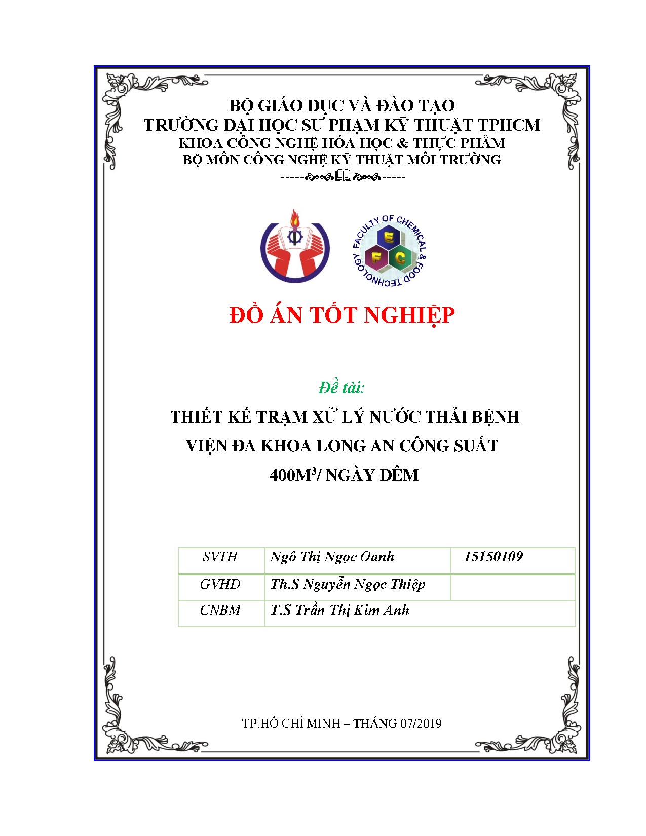 Đồ án tốt nghiệp - Thiết kế trạm xử lý nước thải Bệnh viện đa khoa Long An công suất 400m3/ ngày.đêm