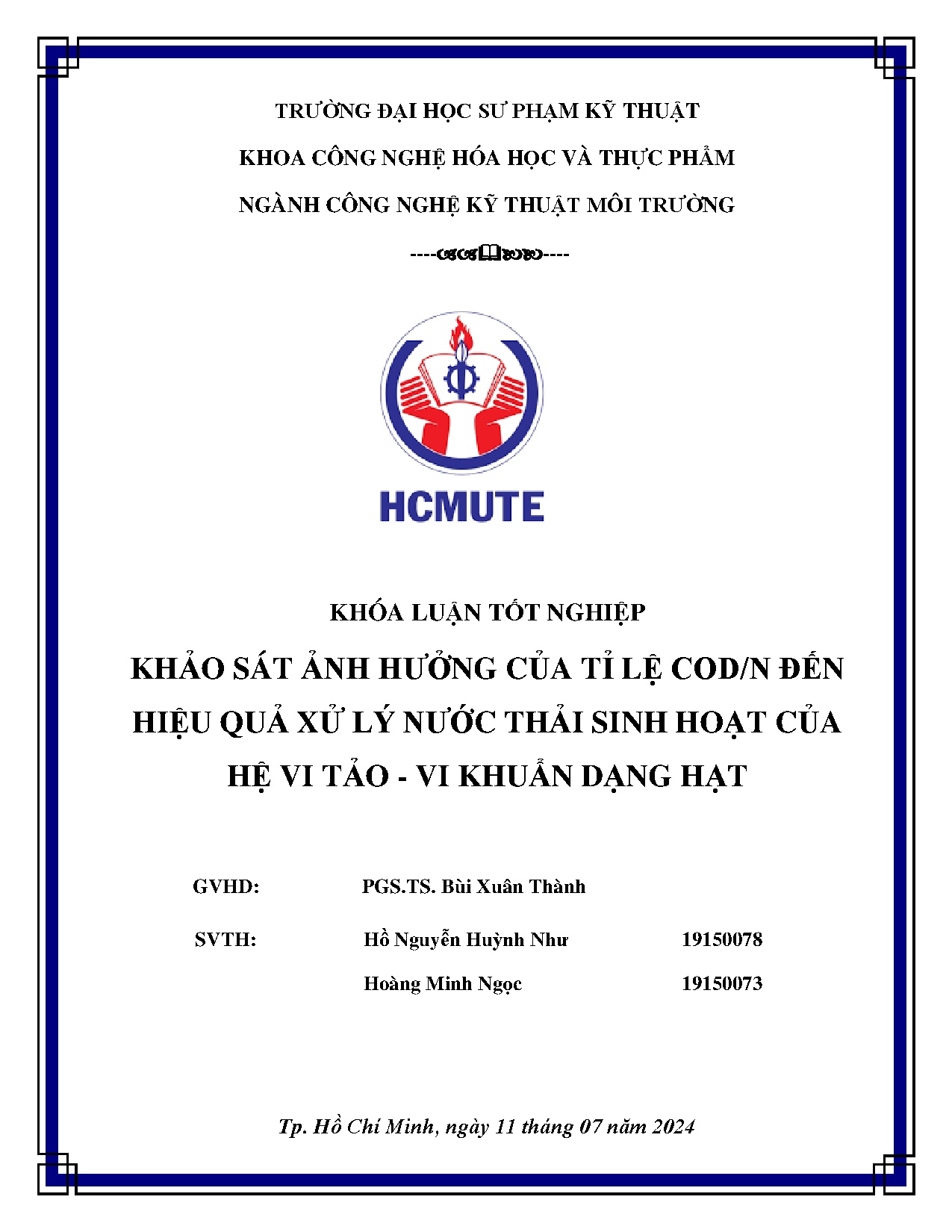 Đồ án tốt nghiệp - Khảo sát ảnh hưởng của tỉ lệ COD/N đến hiệu quả XLNTSH của hệ vi tảo - VKDH