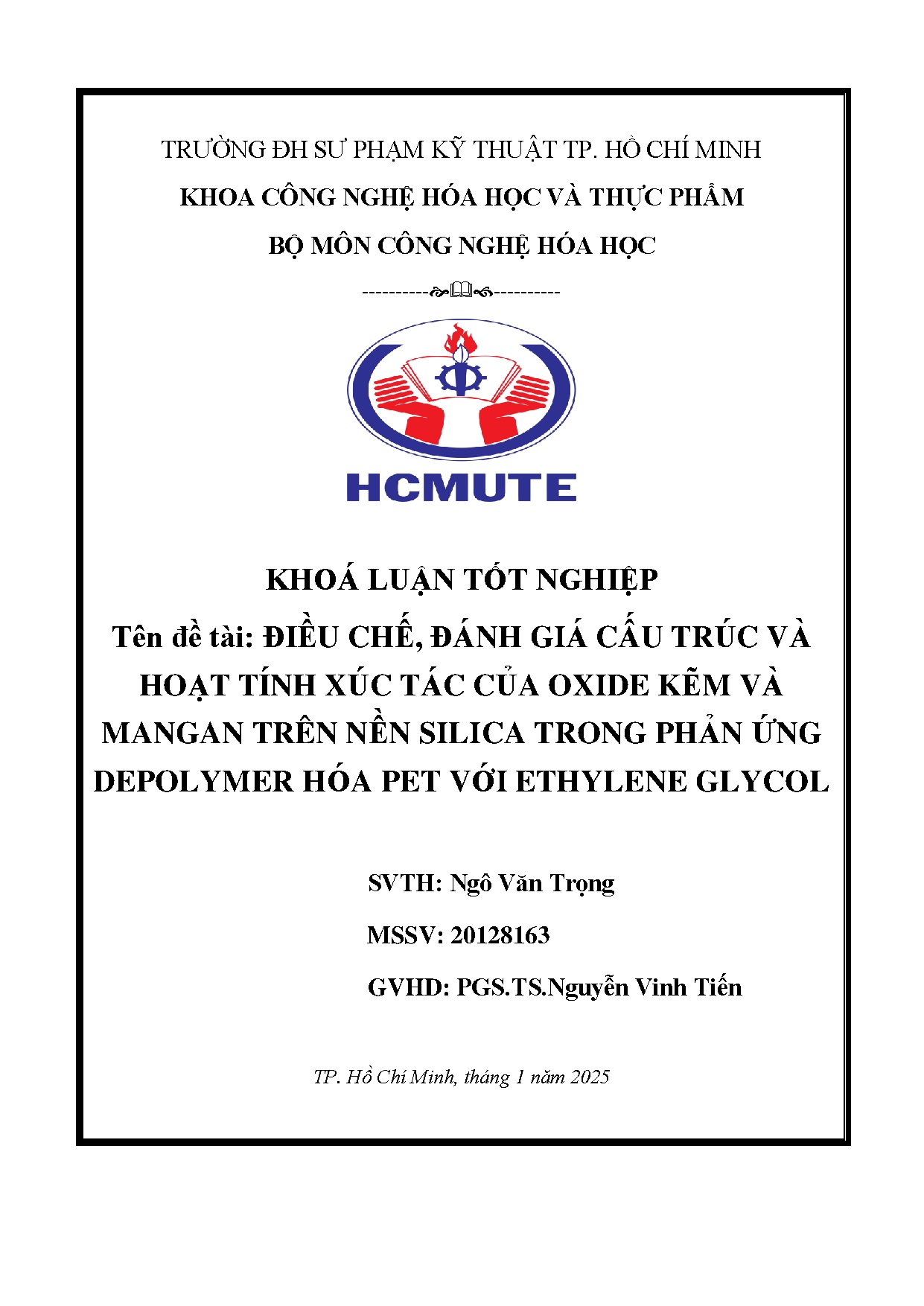 Đồ án tốt nghiệp - Điều chế, đánh giá cấu trúc và hoạt tính xúc tác của Oxide kẽm và MTNSTPỨDHPVEG