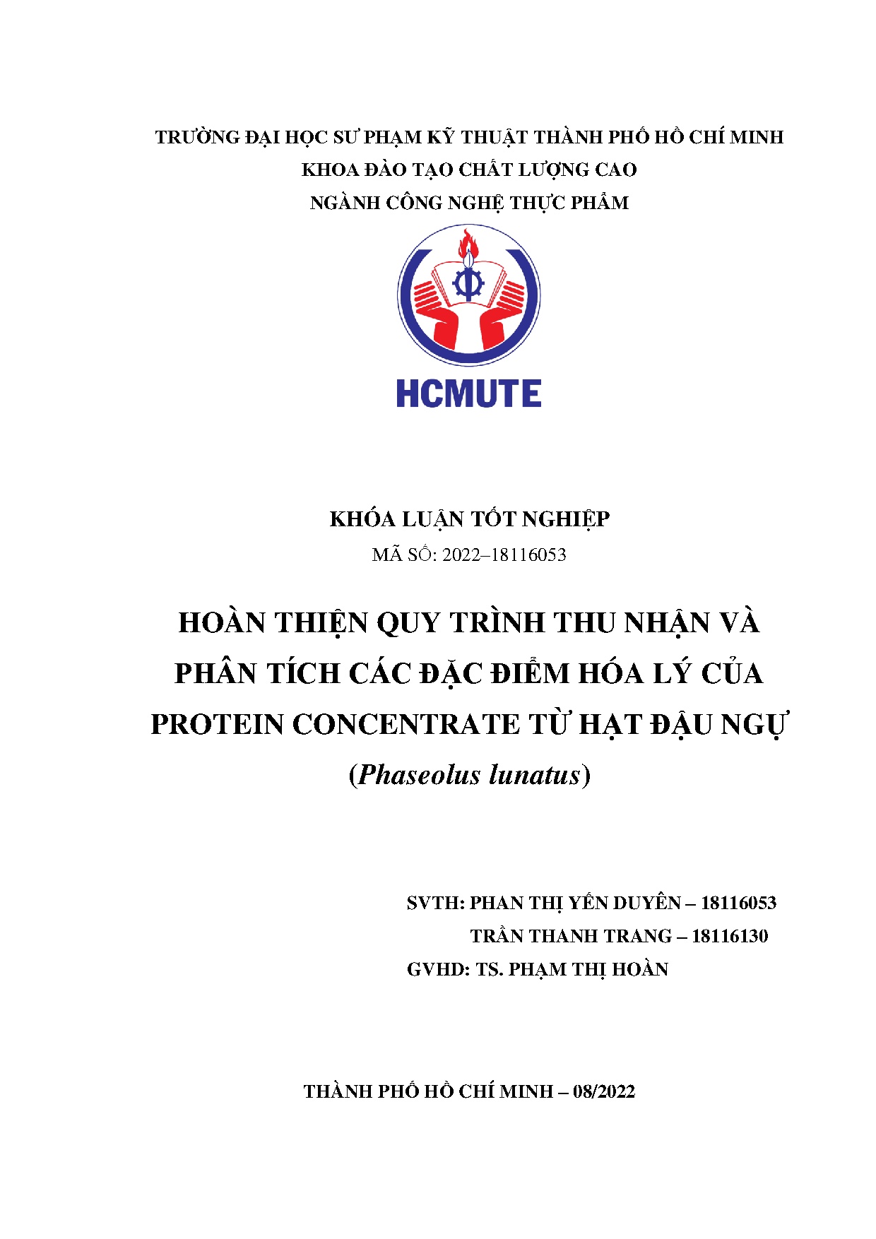 Đồ án tốt nghiệp - Hoàn thiện quy trình thu nhận và phân tích các đặc điểm hóa lý của PCTHĐN ( L