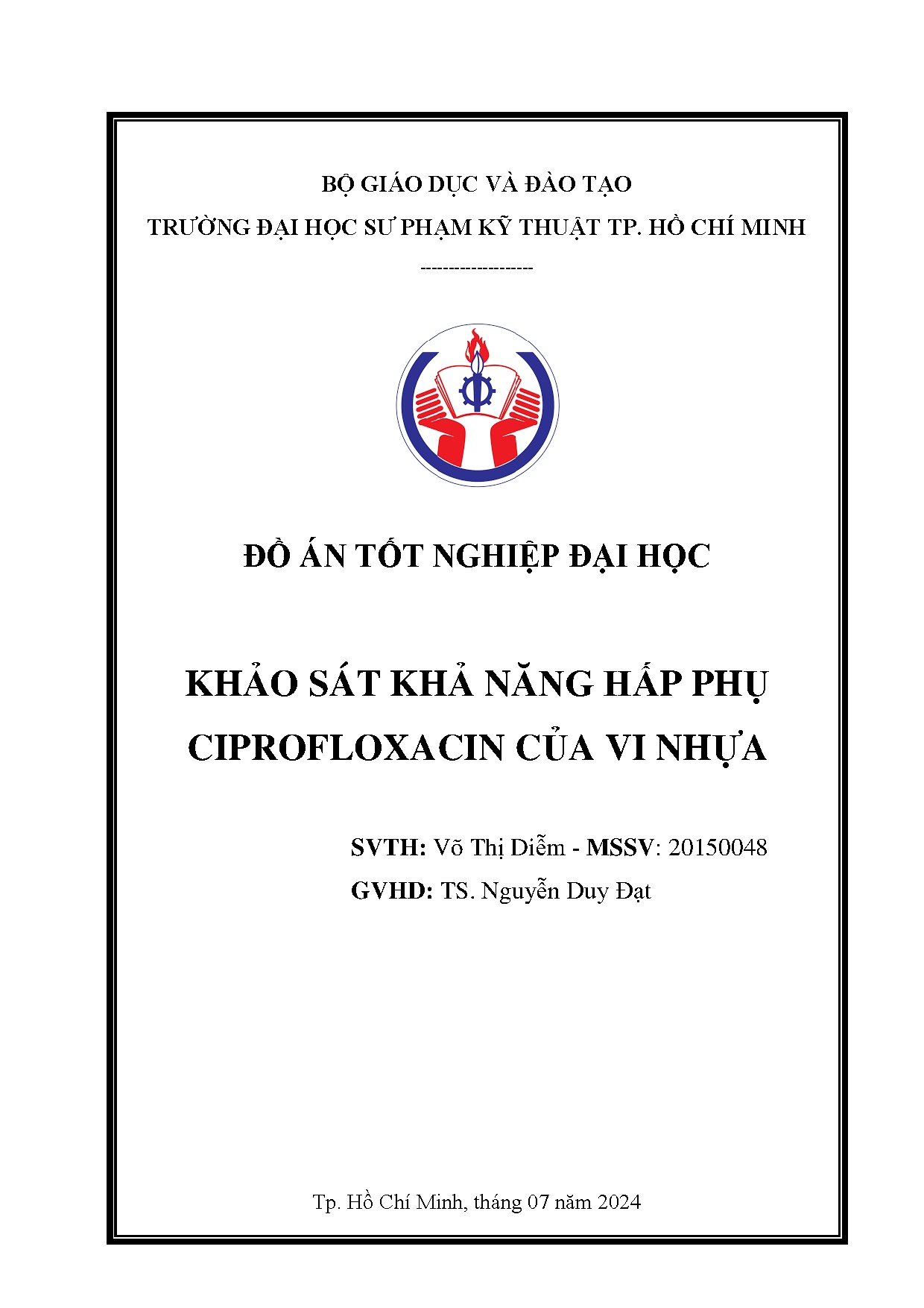 Đồ án tốt nghiệp - Khảo sát khả năng hấp thụ Ciprofloxacin của vi nhựa