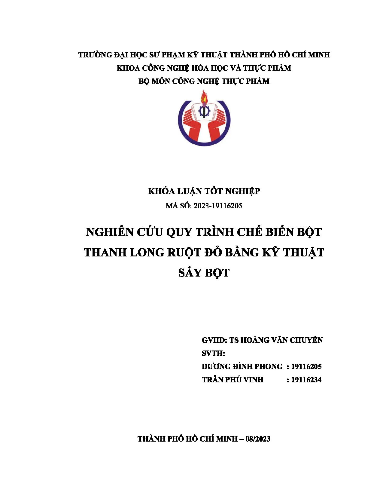 Đồ án tốt nghiệp - Nghiên cứu quy trình chế biến bột thanh long ruột đỏ bằng kỹ thuật sấy bọt