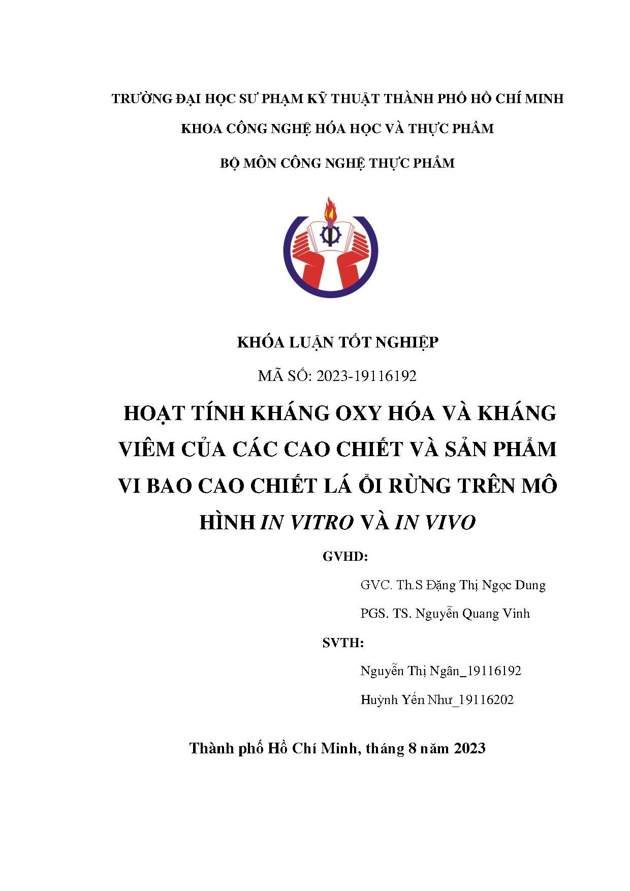 Đồ án tốt nghiệp - Hoạt tính kháng oxy hóa và kháng viêm của các cao chiết và sản PVBCCLỔRTMHIVVIV