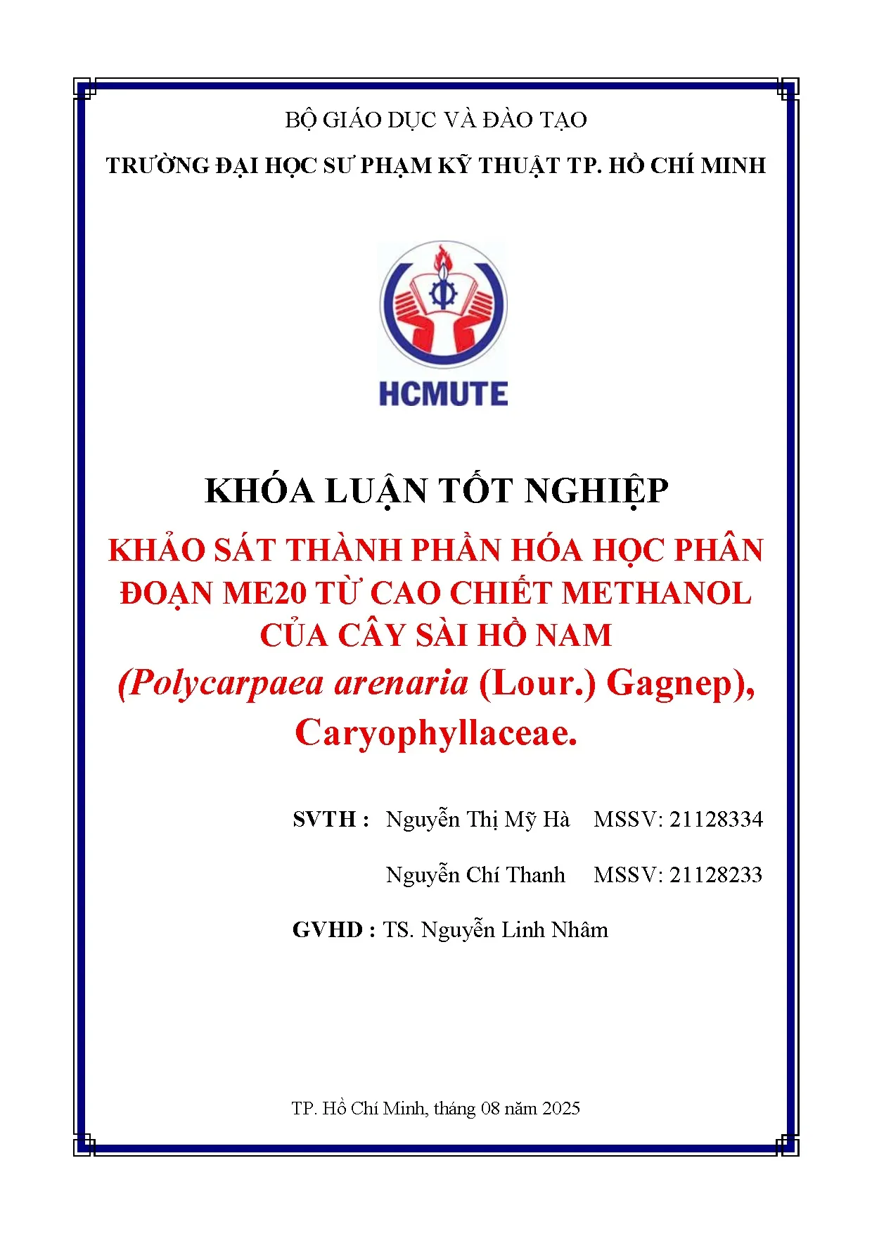 Đồ án tốt nghiệp - Khảo sát thành phần hóa học phân đoạn ME20 từ cao chiết Methanol CCSHN ( A ( GC