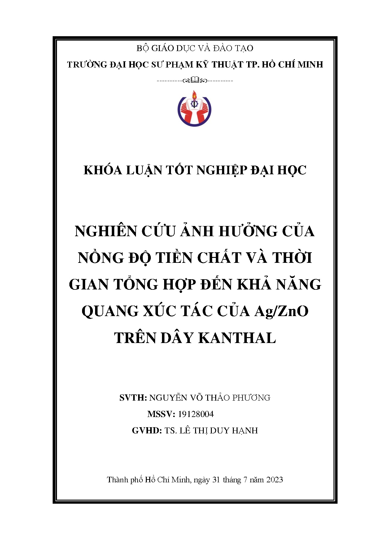 Đồ án tốt nghiệp - Nghiên cứu ảnh hưởng của nồng độ tiền chất và thời gian tổng hợp đến KNQXTCATDK