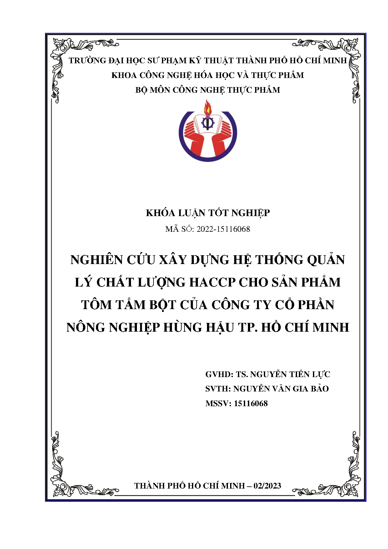 Đồ án tốt nghiệp - Nghiên cứu xây dựng hệ thống quản lý chất lượng Haccp cho sản PTTBCCTCPNNHHTHCM