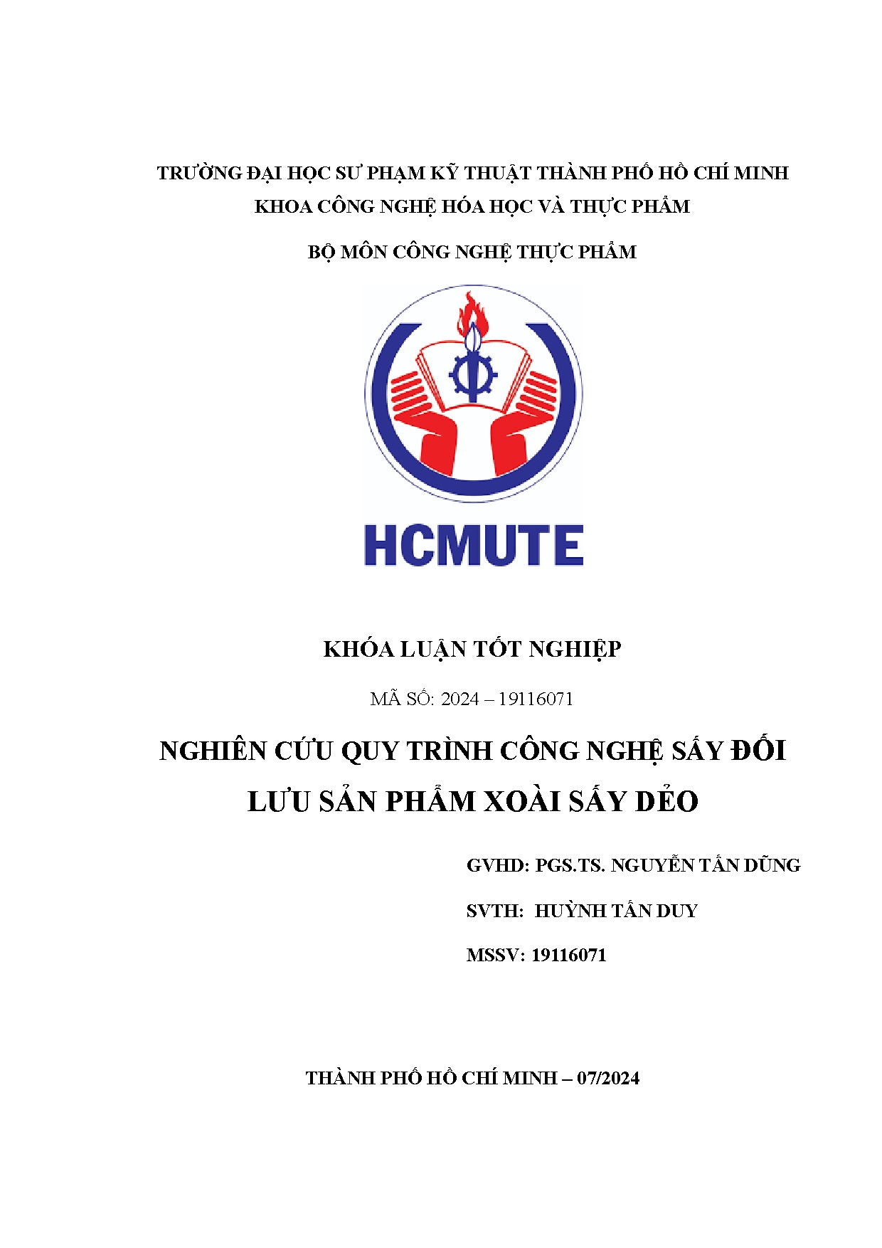 Đồ án tốt nghiệp - Nghiên cứu quy trình công nghệ sấy đối lưu sản phẩm xoài sấy dẻo