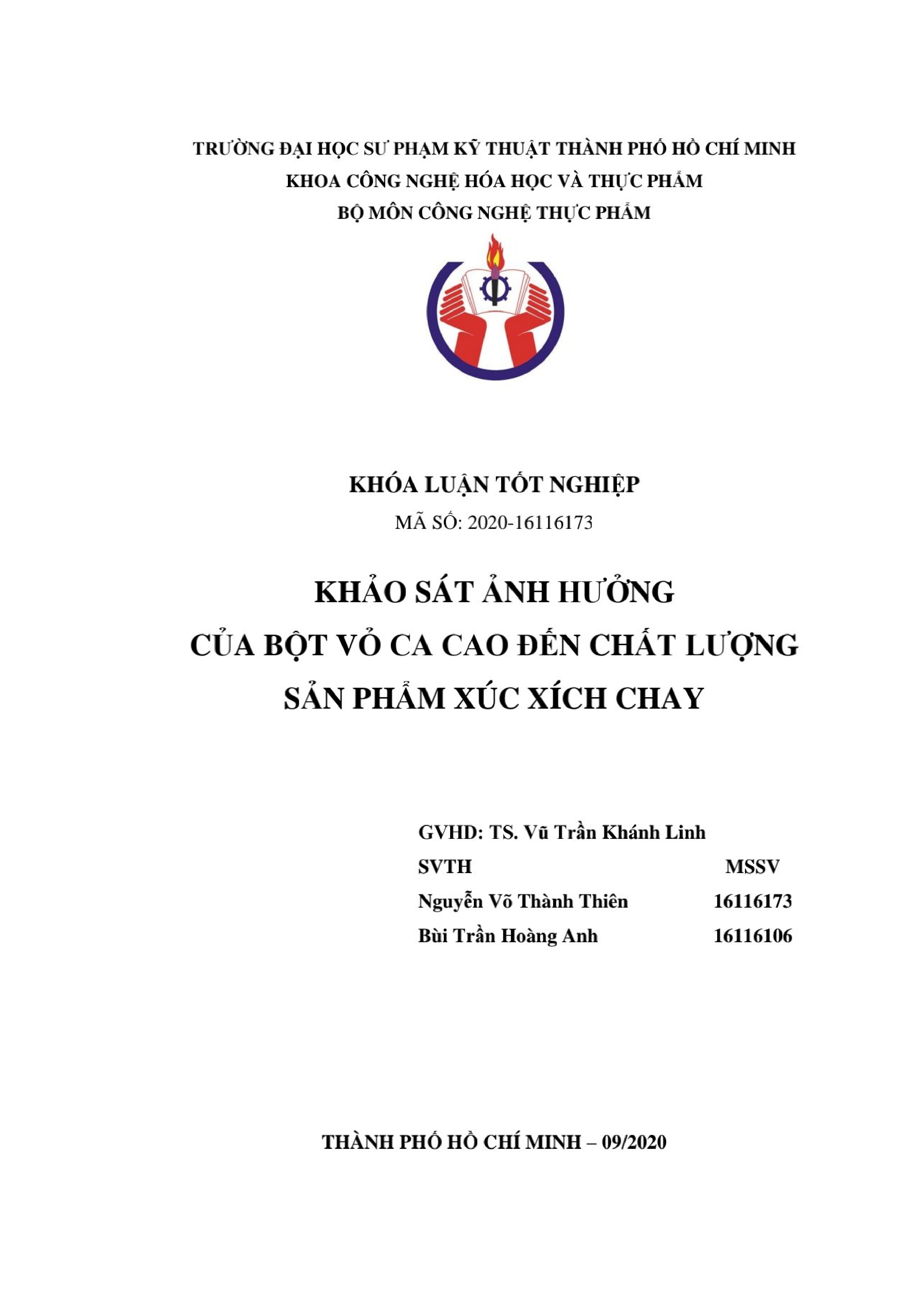 Đồ án tốt nghiệp - Khảo sát ảnh hưởng của bột vỏ ca cao đến chất lượng sản phẩm xúc xích chay