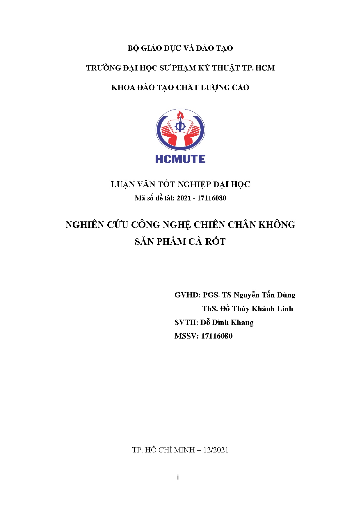 Đồ án tốt nghiệp - Nghiên cứu công nghệ chiên chân không sản phẩm cà rốt