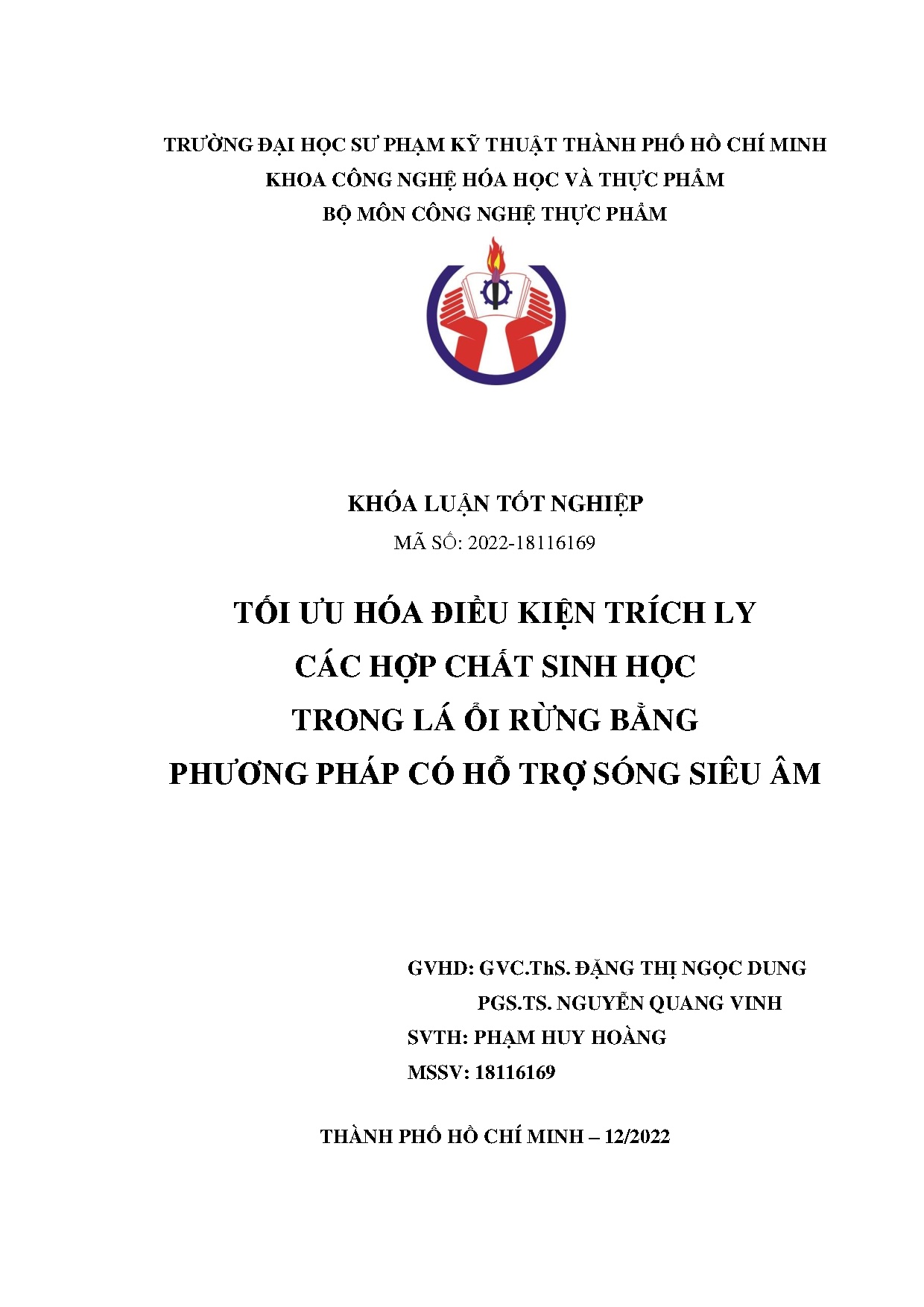 Đồ án tốt nghiệp - Tối ưu hóa điều kiện trích ly các hợp chất sinh học trong lá ổi rừng BPPCHTSSÂ