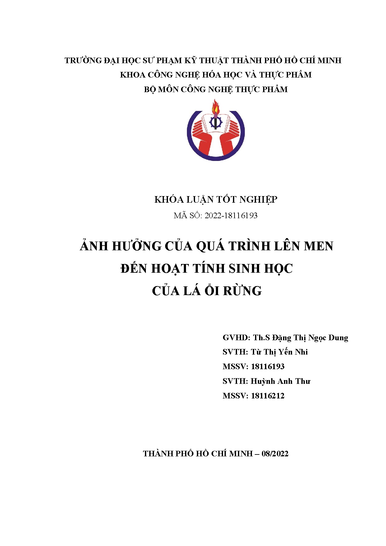 Đồ án tốt nghiệp - Ảnh hưởng của quá trình lên men đến hoạt tính sinh học của lá ổi rừng