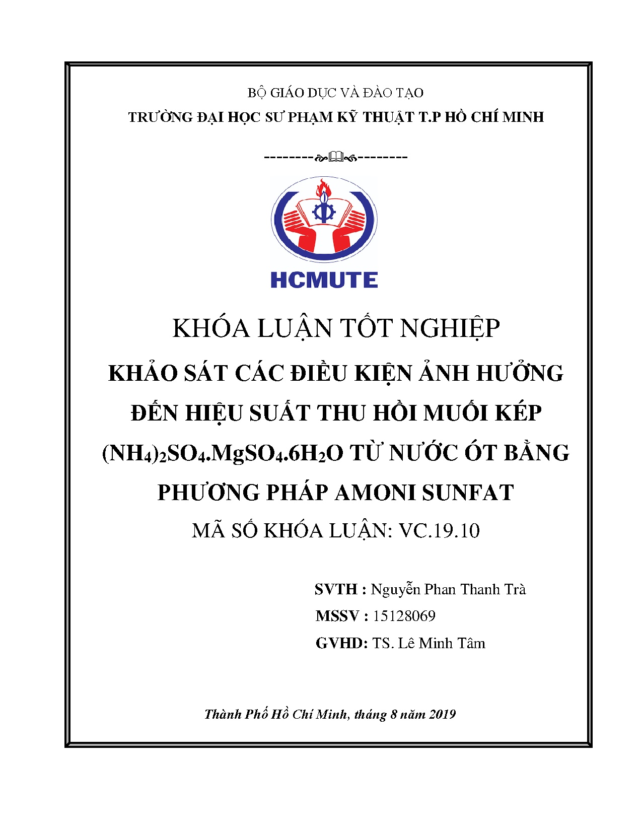 Đồ án tốt nghiệp - Khảo sát các điều kiện ảnh hưởng đến hiệu suất thu hồi muối kép ( TNÓBPPAS