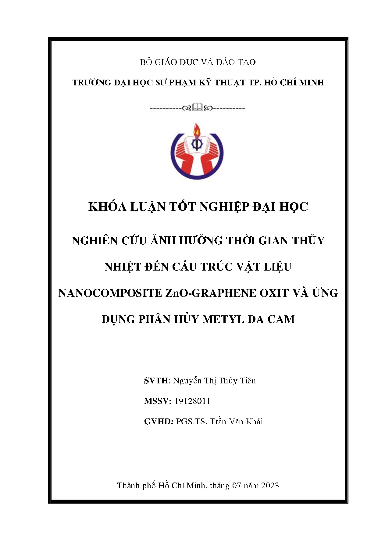 Đồ án tốt nghiệp - Nghiên cứu ảnh hưởng thời gian thủy nhiệt đến cấu trúc vật liệu NZ - GOVỨDPHMDC
