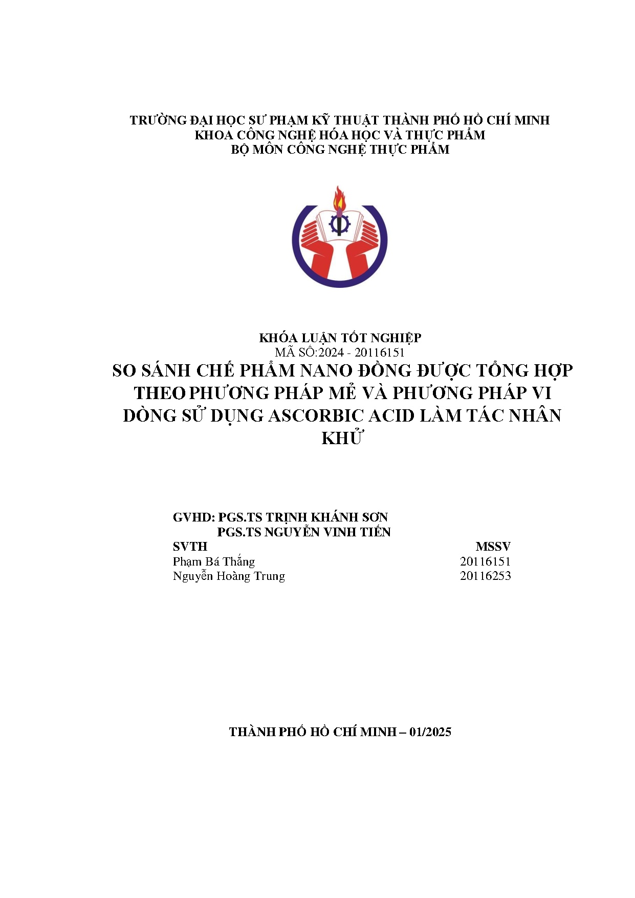 Đồ án tốt nghiệp - So sánh chế phẩm Nano đồng được tổng hợp theo phương pháp mẻ và PPVDSDAALTNK