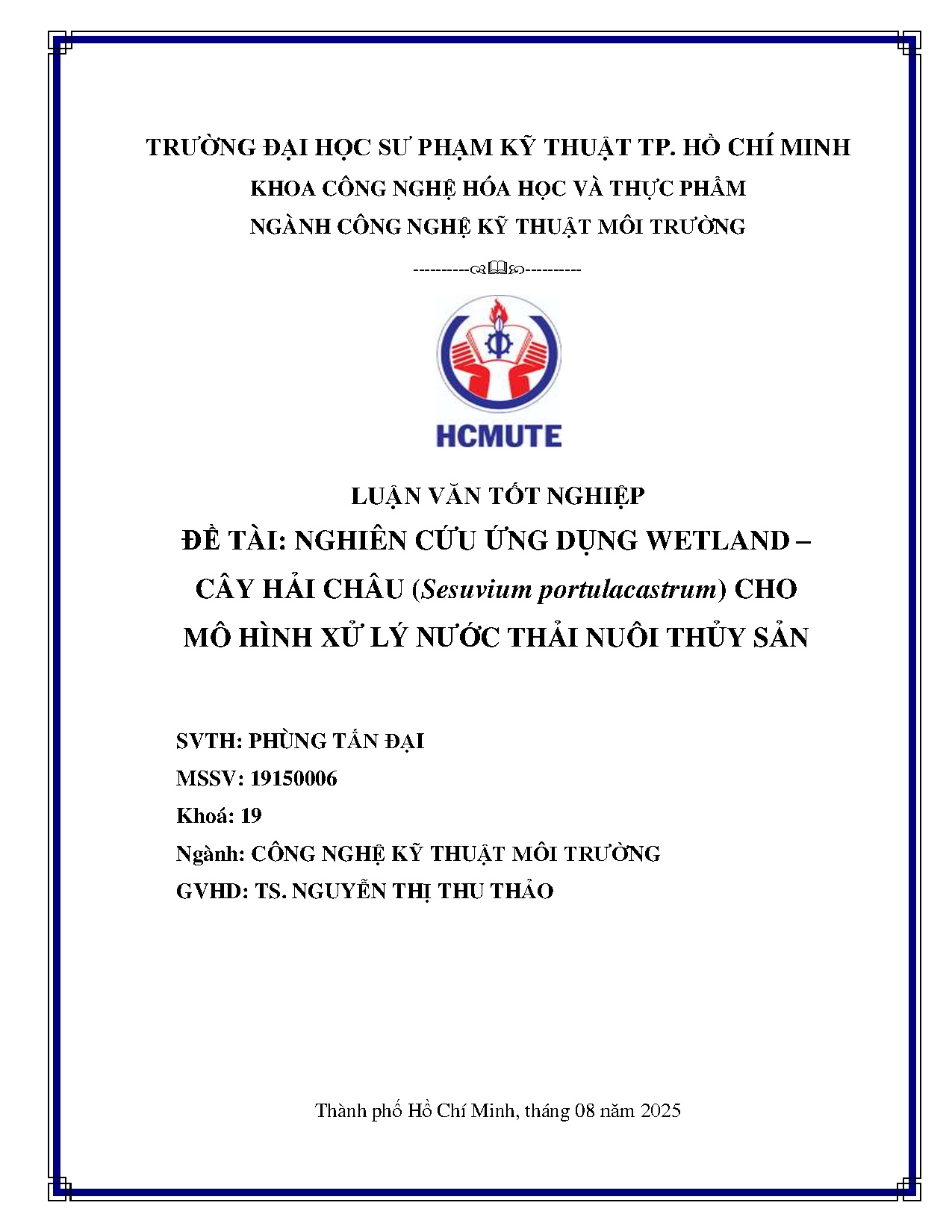 Đồ án tốt nghiệp - Nghiên cứu ứng dụng Wetland- cây Hải Châu (Sesuvium portularum) cho MHXLNTNTS