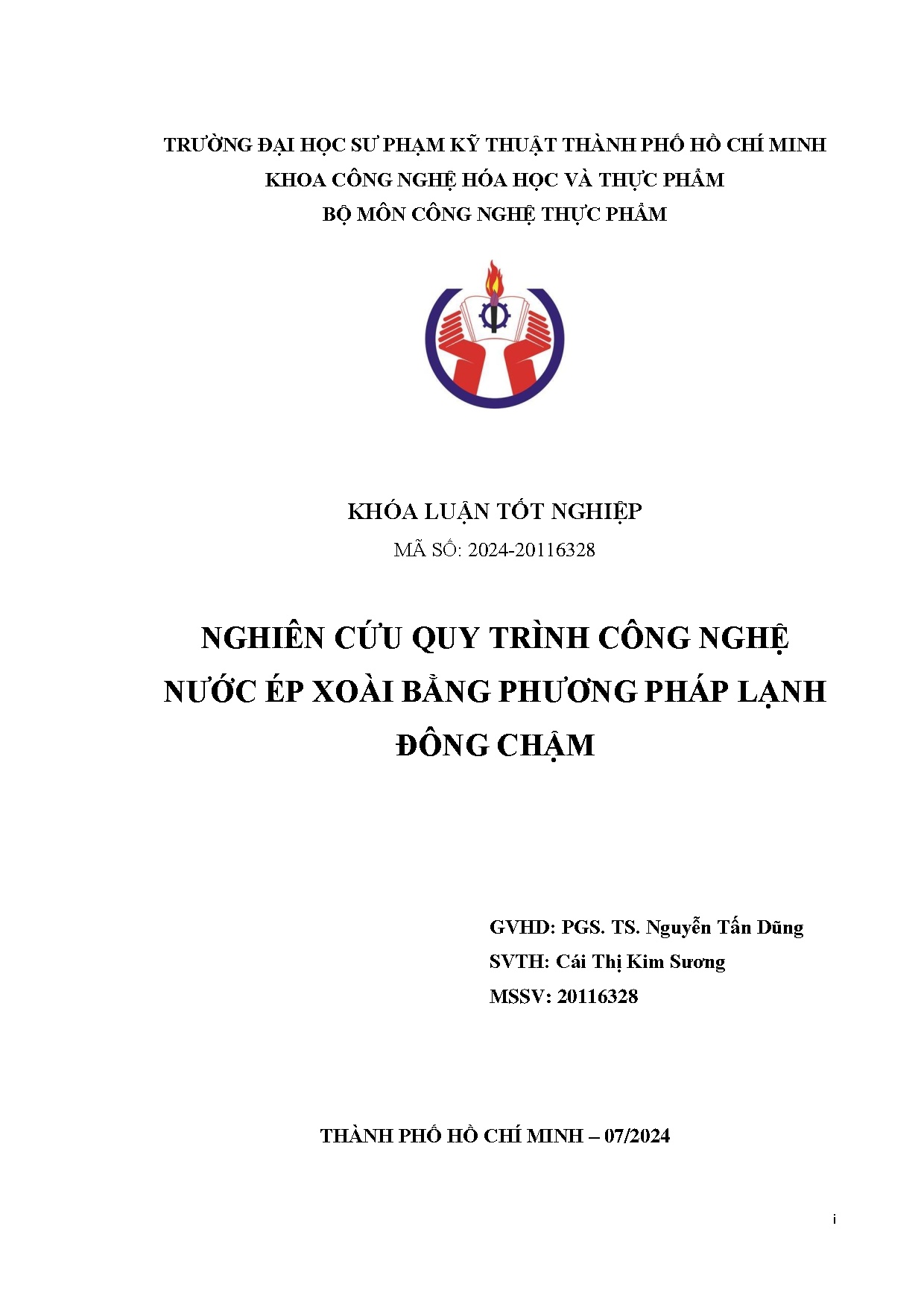 Đồ án tốt nghiệp - Nghiên cứu quy trình công nghệ nước ép xoài bằng phương pháp lạnh đông chậm