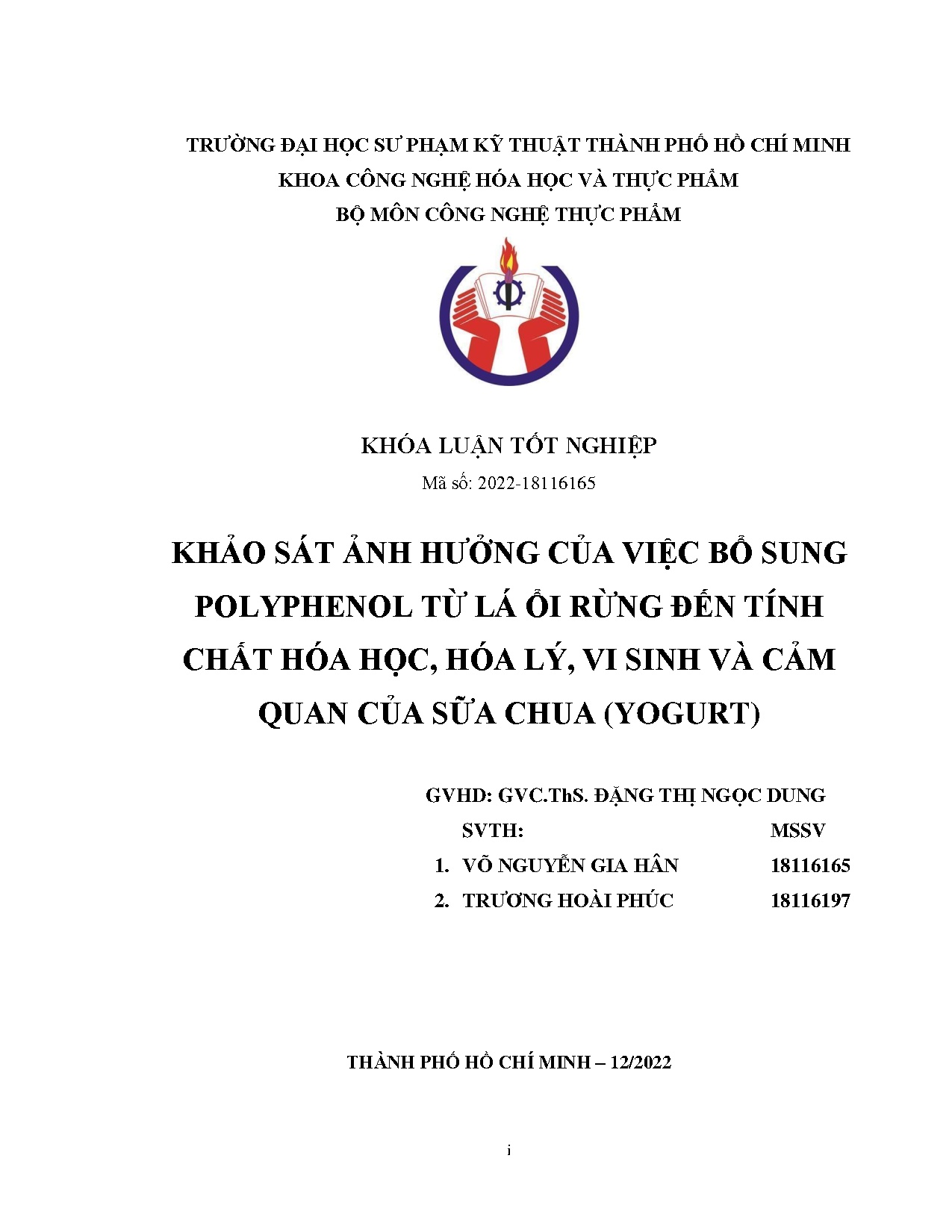 Đồ án tốt nghiệp - Khảo sát ành hưởng của việc bổ sung Polyphenol từ lá ổi rừng đến TCHHHLVSVCQCSC (