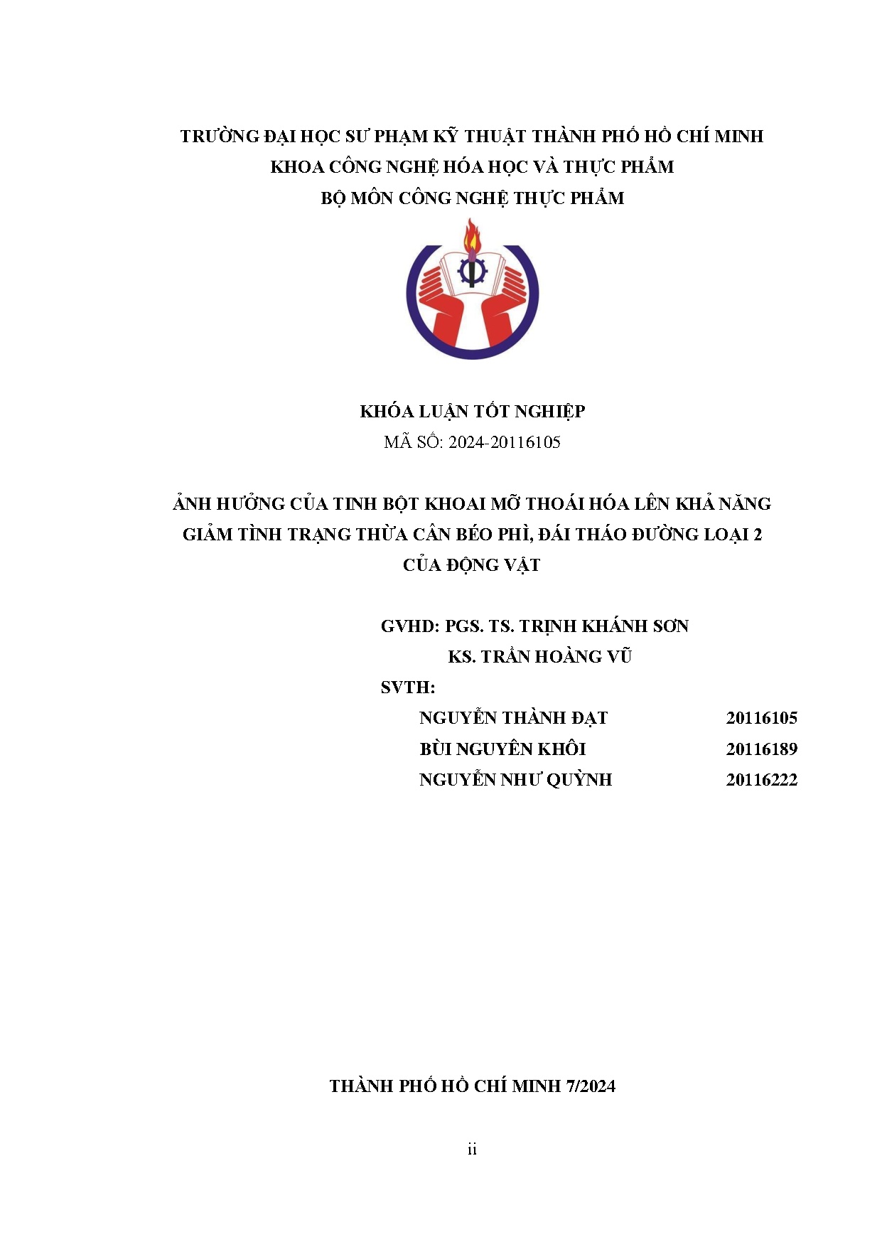 Đồ án tốt nghiệp - Ảnh hưởng của tinh bột khoai mỡ thoái hóa lên khả năng giảm tình TTCBPĐTĐL 2 CĐV