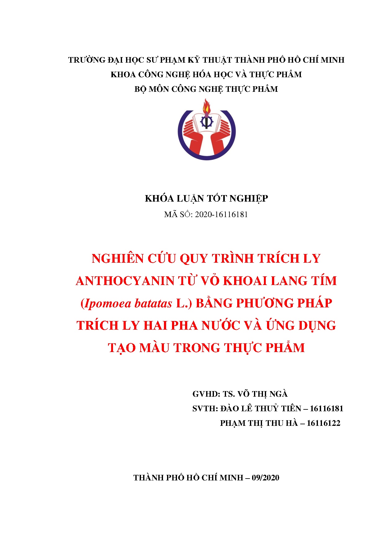 Đồ án tốt nghiệp - Nghiên cứu quy tình trích ly Anthocyanin từ vỏ khoai lang tím ( BLBPPTL h .