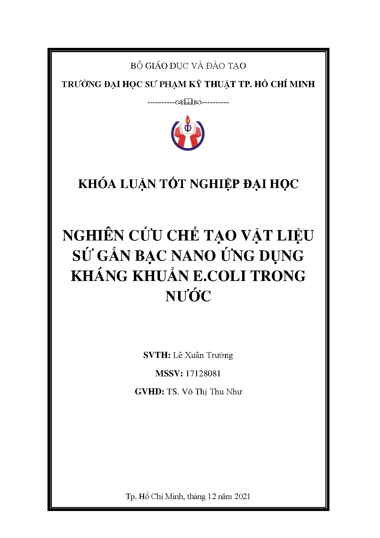 Đồ án tốt nghiệp - Nghiên cứu chế tạo vật liệu sứ gắn bạc nano ứng dụng kháng khuẩn E.coli trong N