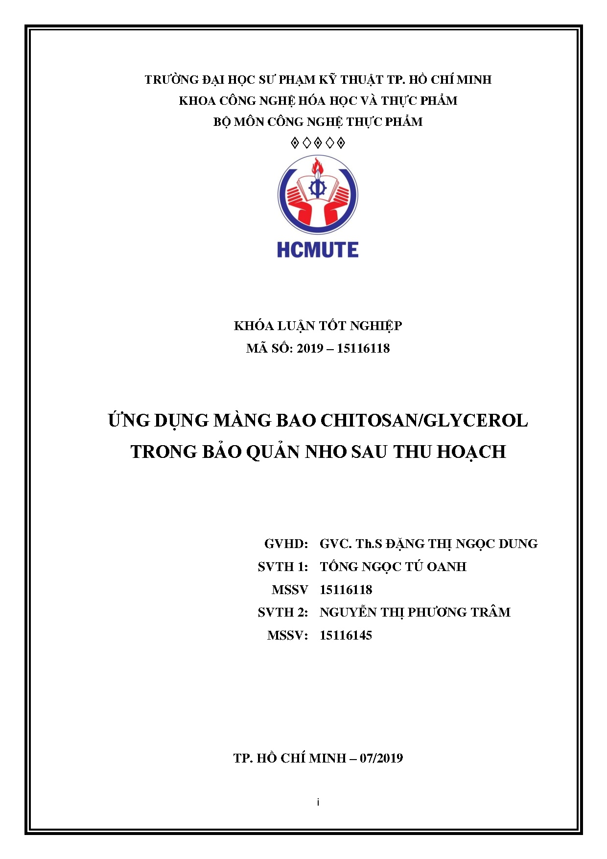 Đồ án tốt nghiệp - Ứng dụng màng bao chitosan/glycerol trong bảo quản nho sau thu hoạch