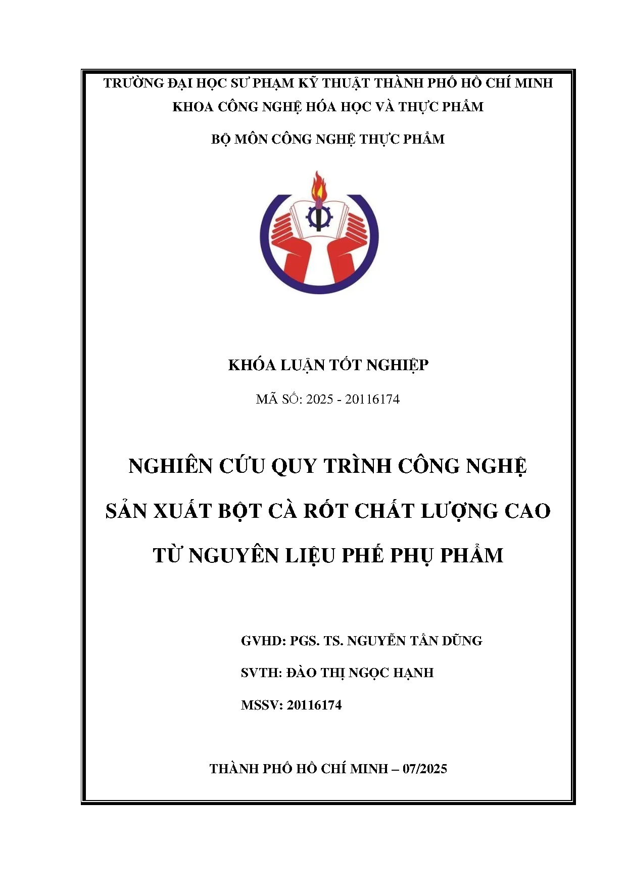 Đồ án tốt nghiệp - Nghiên cứu quy trình công nghệ sản xuất bột cà rốt chất lượng cao từ nguyên LPPP