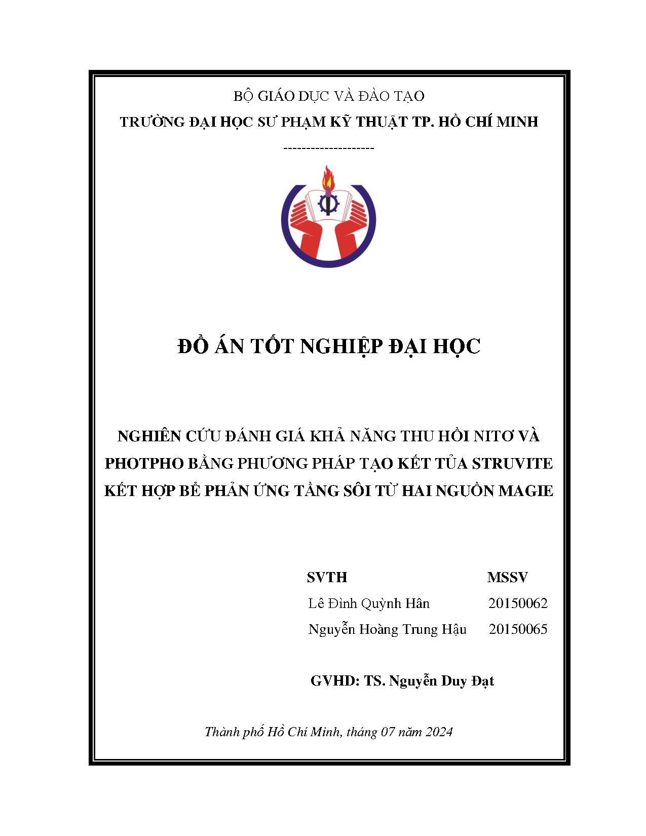 Đồ án tốt nghiệp - Nghiên cứu đánh giá khả năng thu hồi nitơ và photpho bằng phương PTKTSKHBPỨTSTHNM