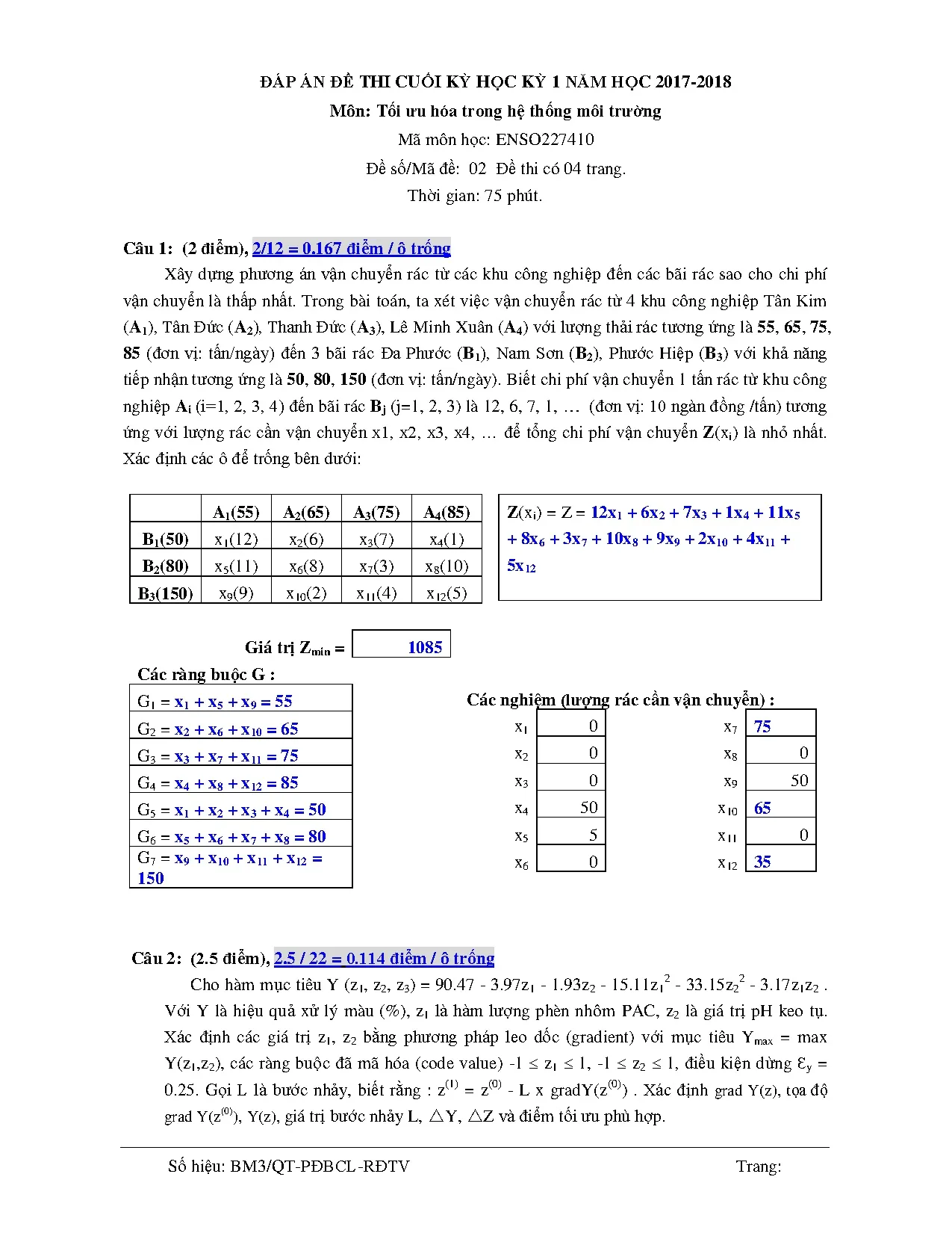 ĐỀ THI CUỐI KỲ HỌC KỲ 1 NĂM HỌC 2017-2018 (Môn: Tối ưu hóa trong hệ thống môi trường)