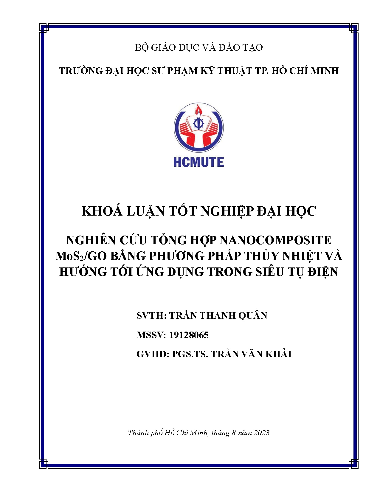 Đồ án tốt nghiệp - Nghiên cứu tổng hợp vật liệu Nanocomposite MoS2/GO bằng phương pháp TNVHTỨDTSTĐ