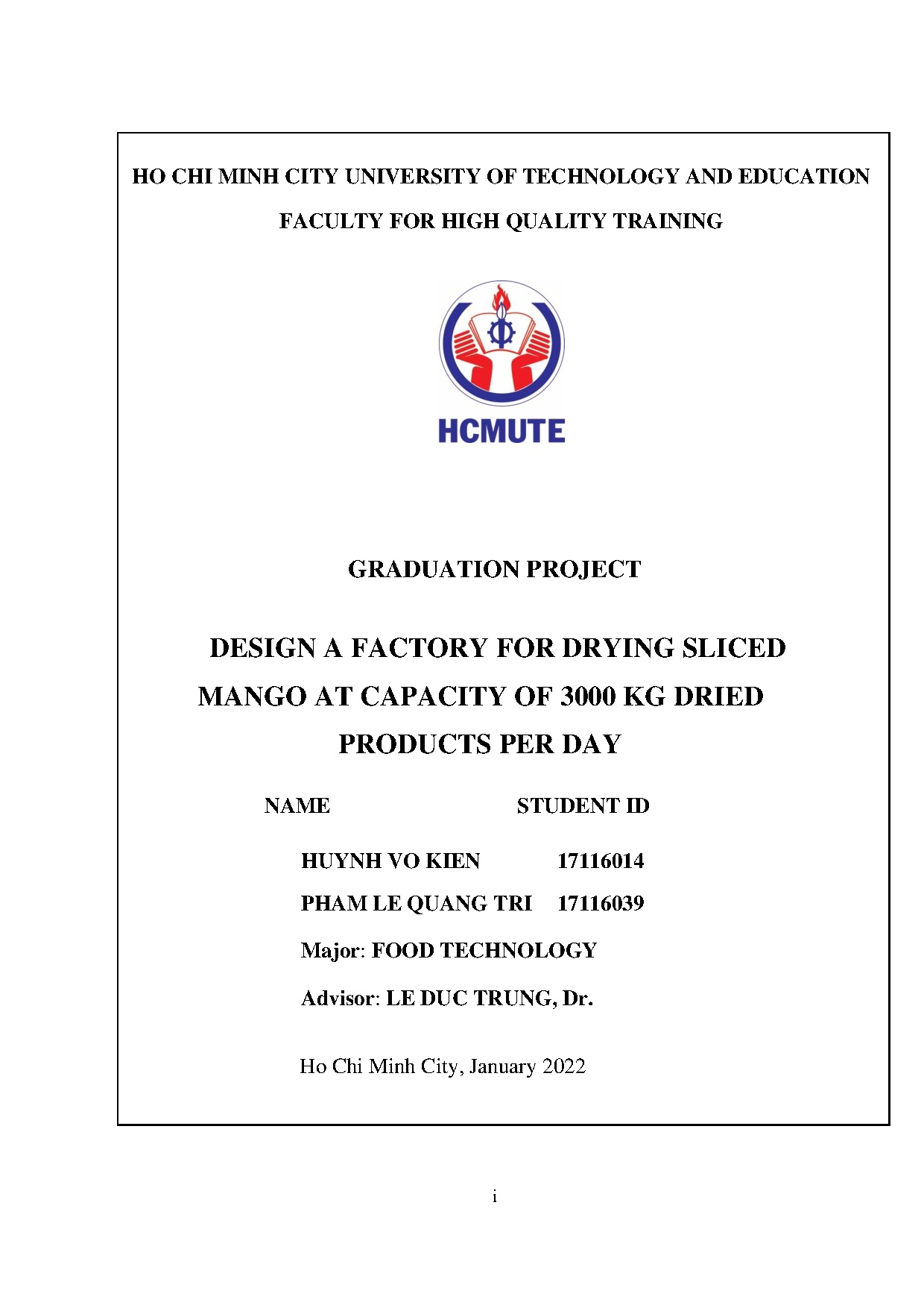 Đồ án tốt nghiệp - Design a factory for drying sliced mango at Capacity of 3000kg dried products PD