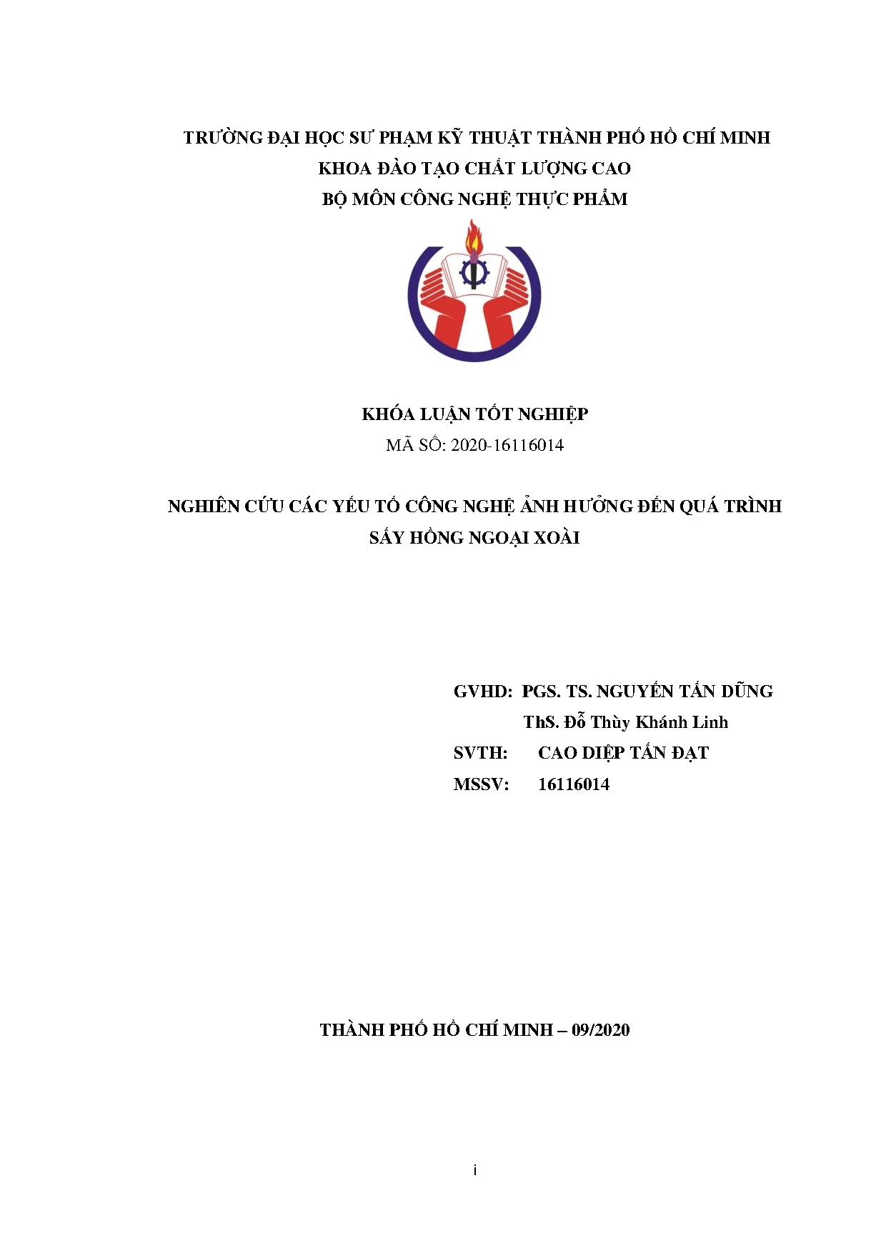 Đồ án tốt nghiệp - Nghiên cứu các yếu tố công nghệ ảnh hưởng đến quá trình sấy hồng ngoại xoài