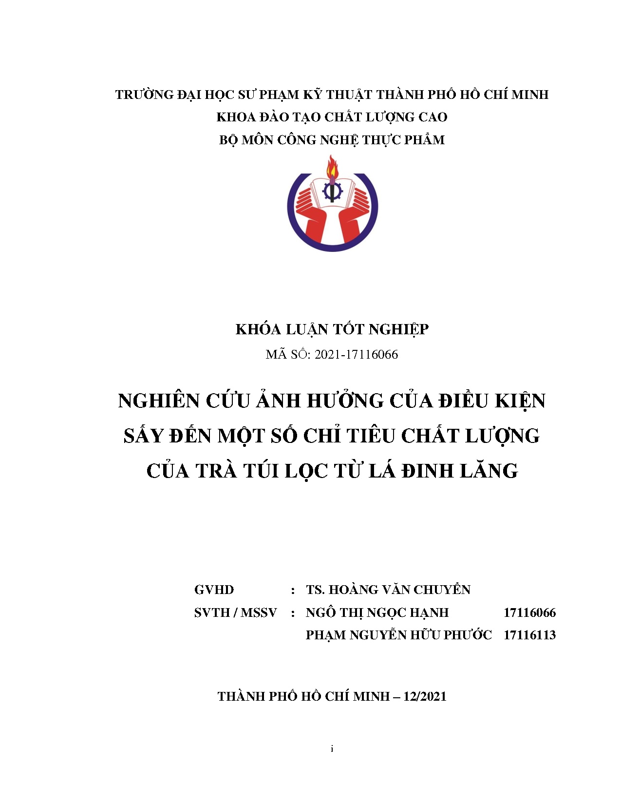 Đồ án tốt nghiệp - Nghiên cứu ảnh hưởng của điều kiện sấy đến một số chỉ tiêu chất lượng của TTLTLĐL