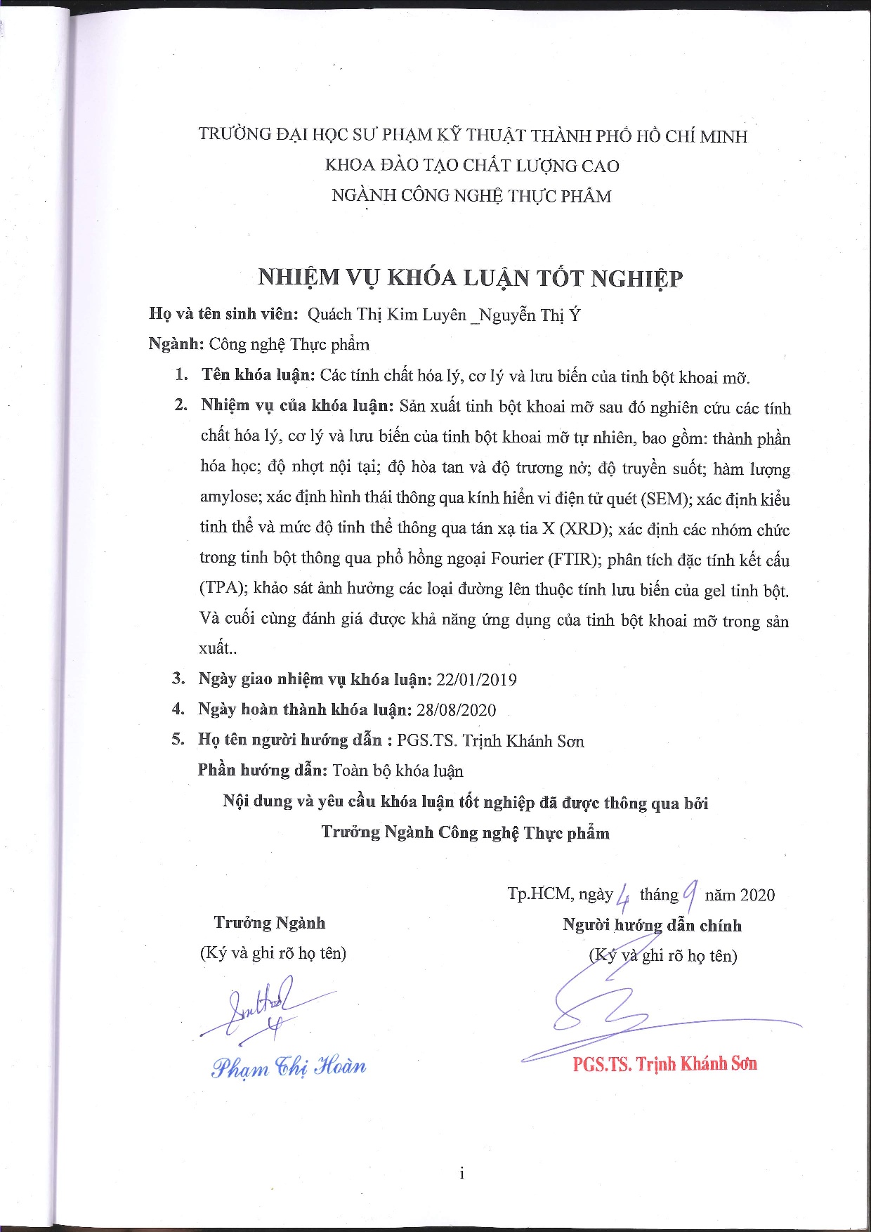 Đồ án tốt nghiệp - Các tính chất hóa lý, cơ lý và lưu biến của tinh bột khoai mỡ