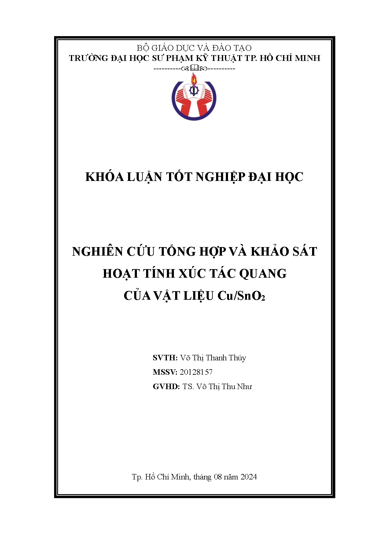 Đồ án tốt nghiệp - Nghiên cứu tổng hợp và khảo sát hoạt tính xúc tác quang của vật liệu Cu/SnO2