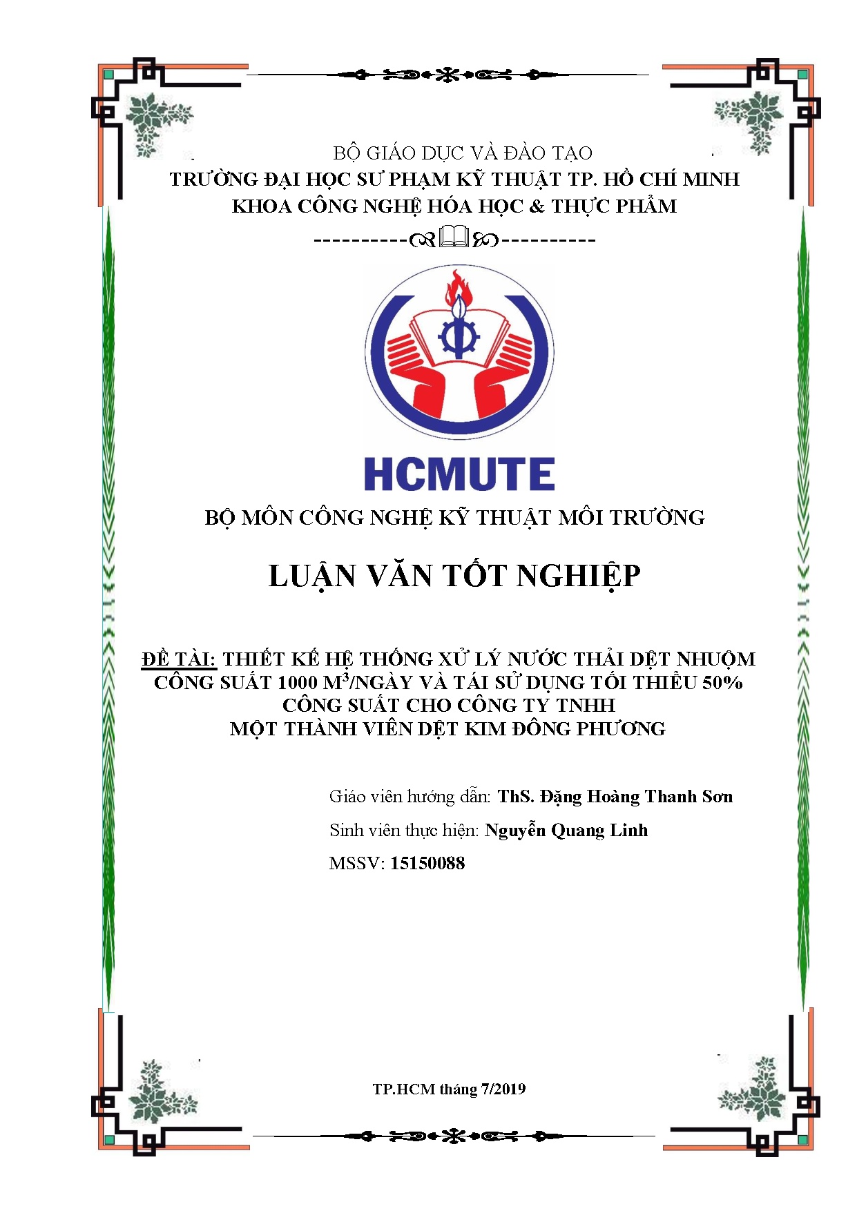 Đồ án tốt nghiệp - Thiết kế hệ thống xử lý nước thải dệt nhuộm công suất 1 MVTSDTT 5 CSCCTTMTVDKĐP