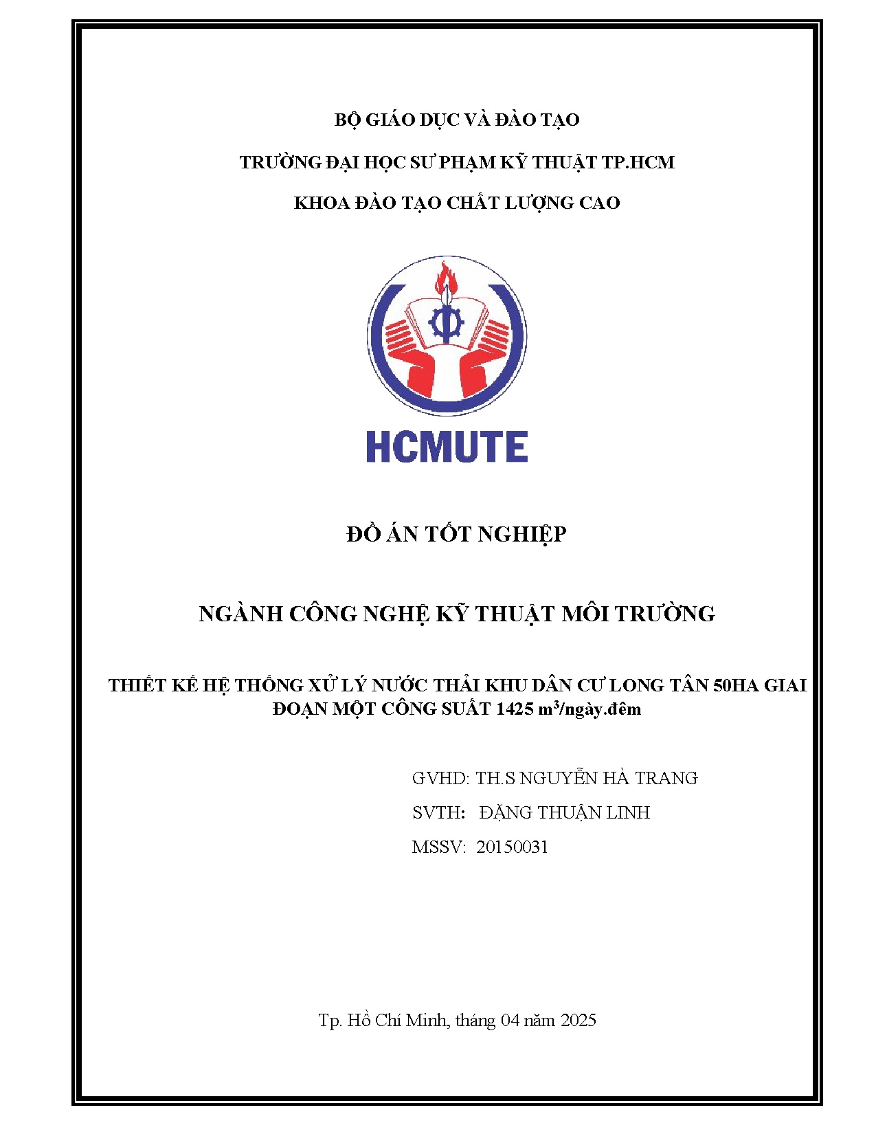 Đồ án tốt nghiệp - Thiết kế hệ thống xử lý nước thải khu dân cư Long Tân 50ha giai đoạn một CS 1 Đ