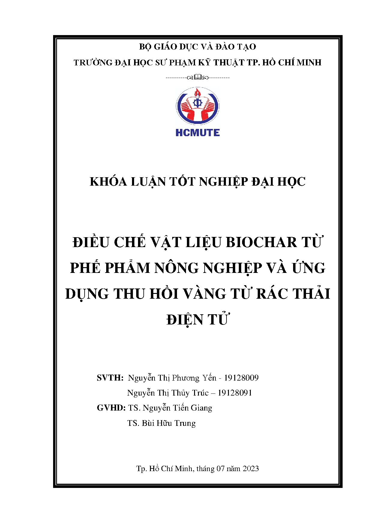 Đồ án tốt nghiệp - Điều chế vật liệu Biochar từ phế phẩm nông nghiệp và ứng dụng thu hồi vàng TRTĐT