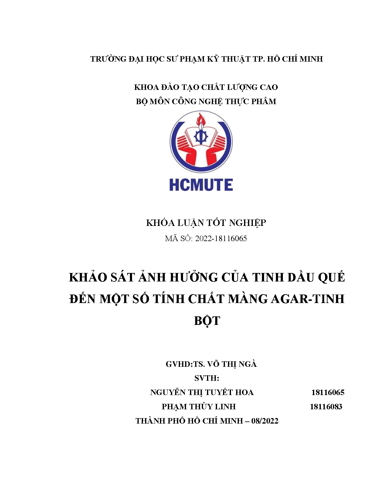 Đồ án tốt nghiệp - Khảo sát ảnh hưởng của tinh dầu quế đến một số tính chất màng Agar-Tinh bột