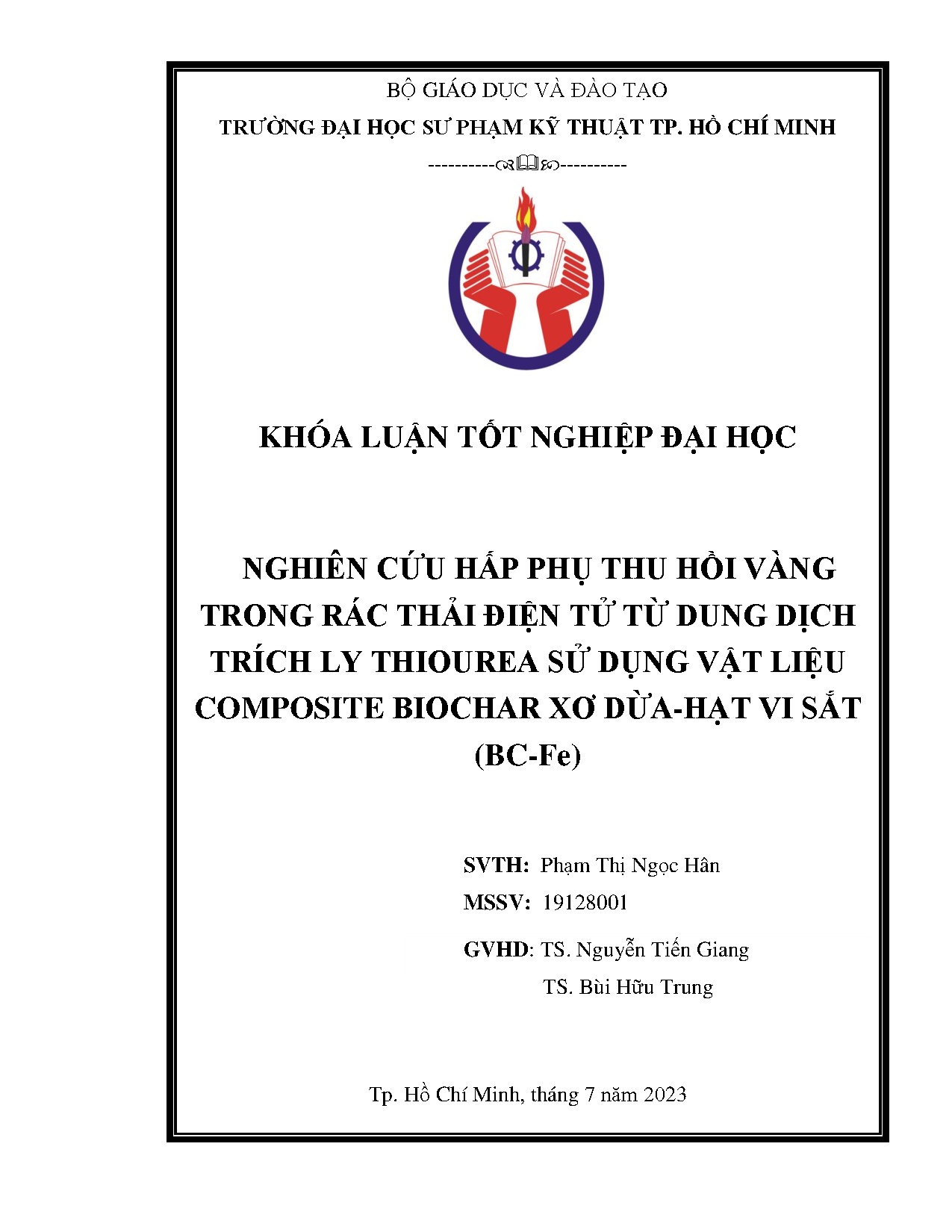 Đồ án tốt nghiệp - Nghiên cứu hấp phụ thu hồi vàng trong rác thải điện tử từ dung DTLTSDVLCBXDVS (