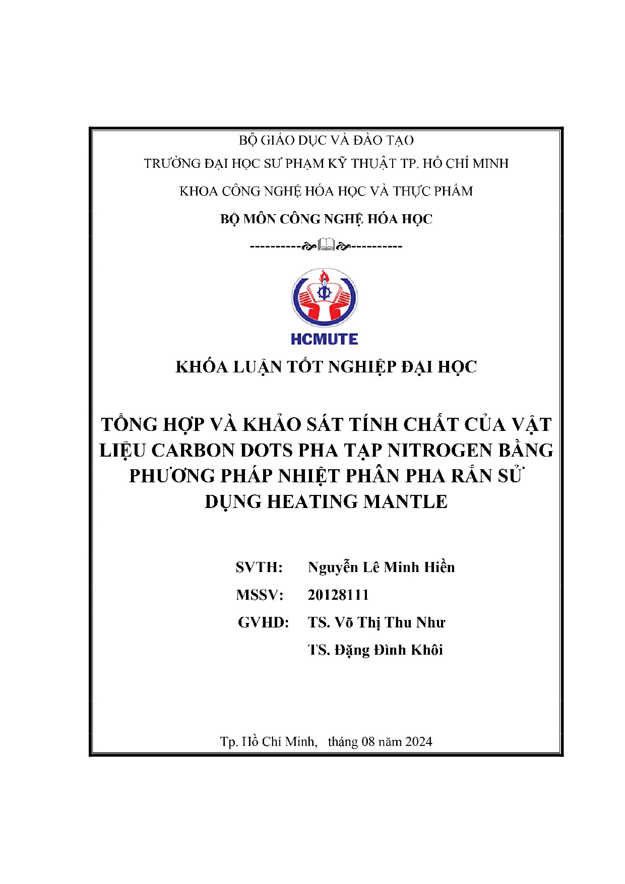 Đồ án tốt nghiệp - Tổng hợp và khảo sát các tính chất của vật liệu carbon dots đồng PTNBPPNPPRSDTSĐL