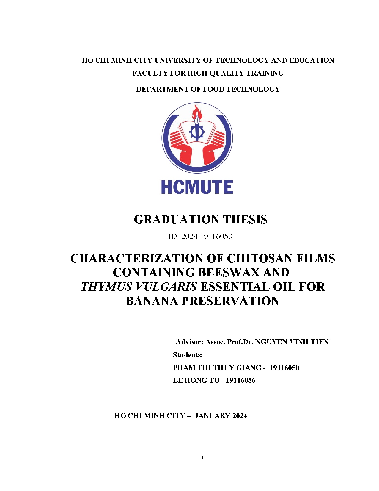 Đồ án tốt nghiệp - Characterization of chitosan films containing beeswax and thymus vulgaris EOFBP