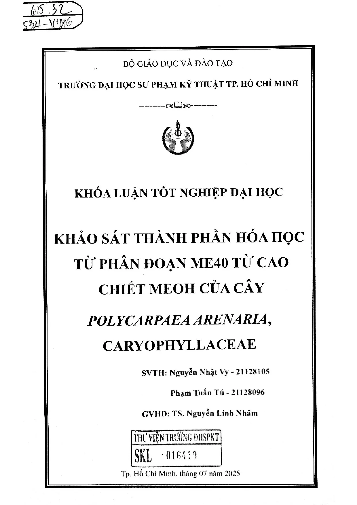 Đồ án tốt nghiệp - Khảo sát thành phần hóa học từ phân đoạn Me40 từ cao chiết MeOH của cây PAC