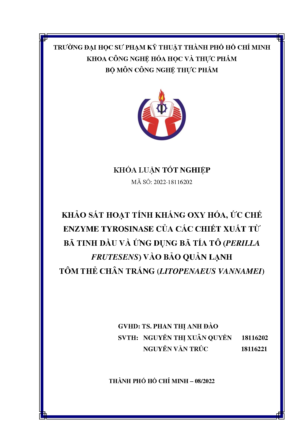 Đồ án tốt nghiệp - Khảo sát hoạt tính kháng oxy hóa, ức chế enzyme TCCCXTBTDVỨDBTT ( FVBQLTTCT ( V