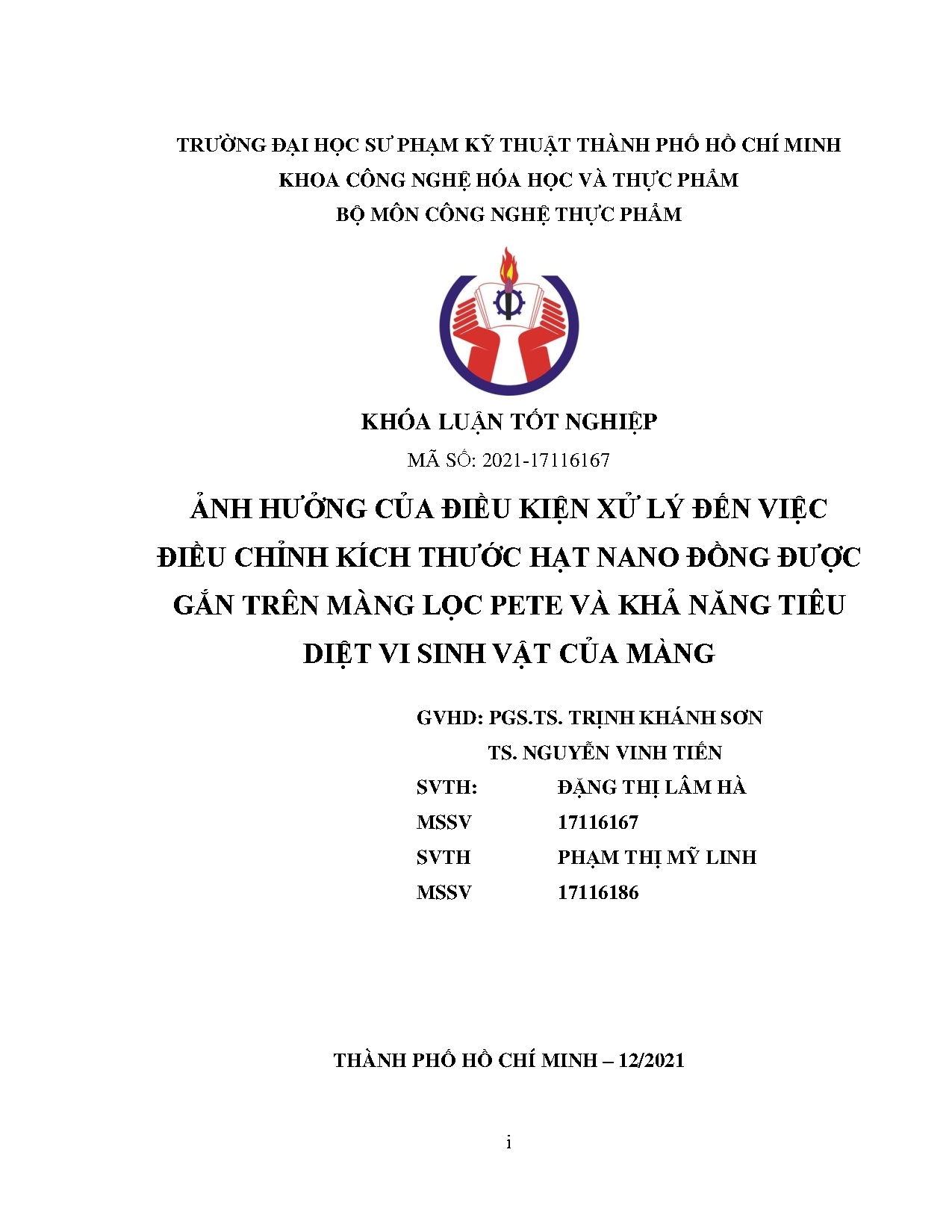 Đồ án tốt nghiệp - Ảnh hưởng của điều kiện xử lý đến việc điều chỉnh kích thước HNĐĐGTMLPVKNTDVSVCM