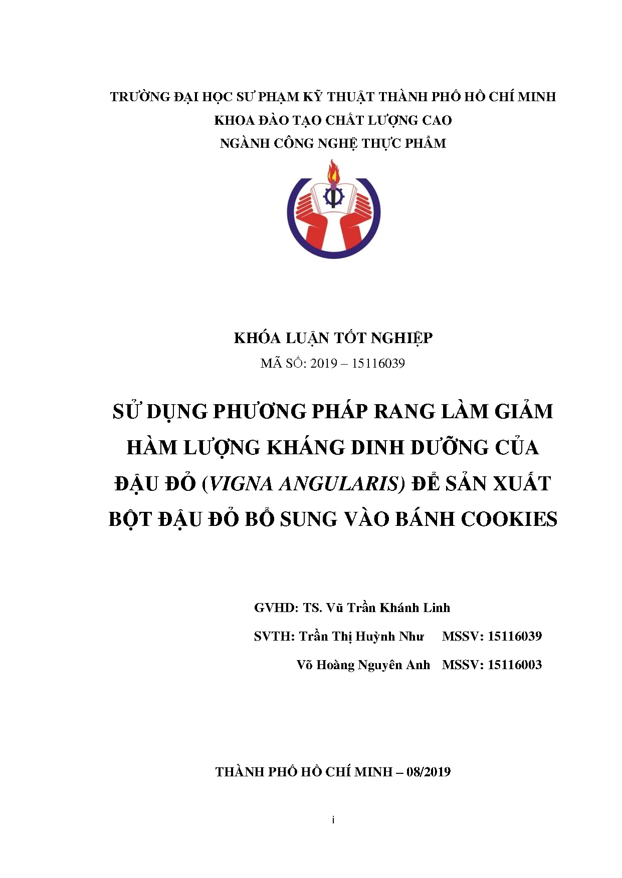 Đồ án tốt nghiệp - Sử dụng phương pháp rang làm giảm hàm lượng dinh dưỡng của đậu đỏ ( AĐSXBĐĐBSVBC