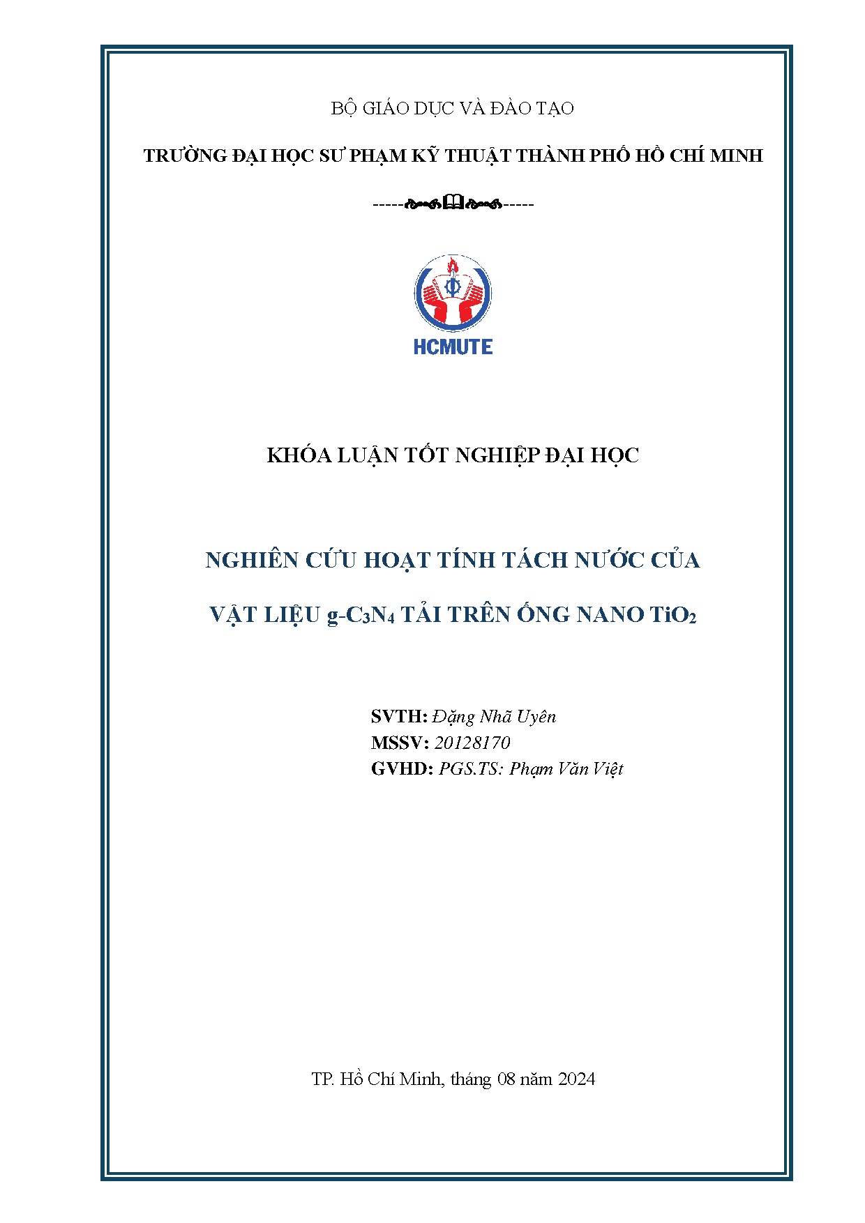 Đồ án tốt nghiệp - Nghiên cứu hoạt tính tách nước của vật liệu g-C3N4 tải trên ống nano TiO2